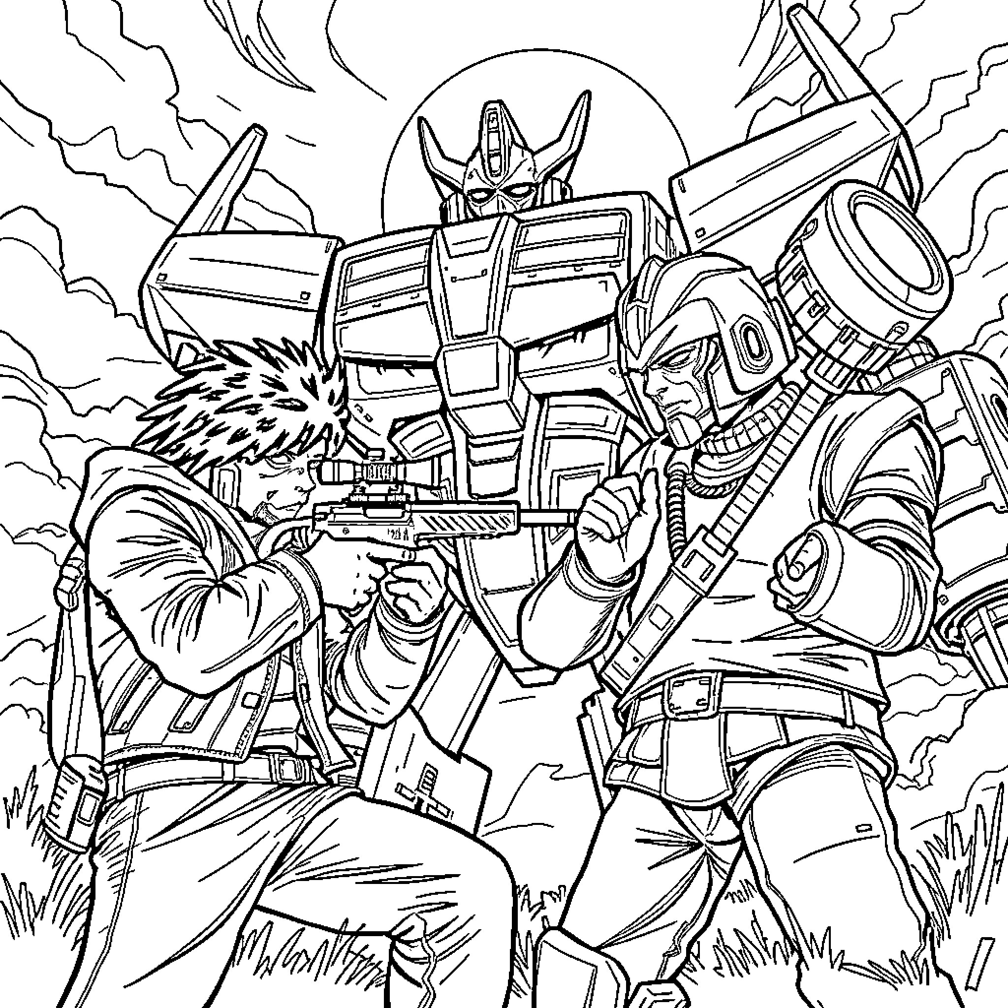 Juice Wrld's Epic Robot Battle Coloring Page (free black-and-white line drawing printable PDF for all, from beginners to advanced learners, including children, teens, adults, and seniors)