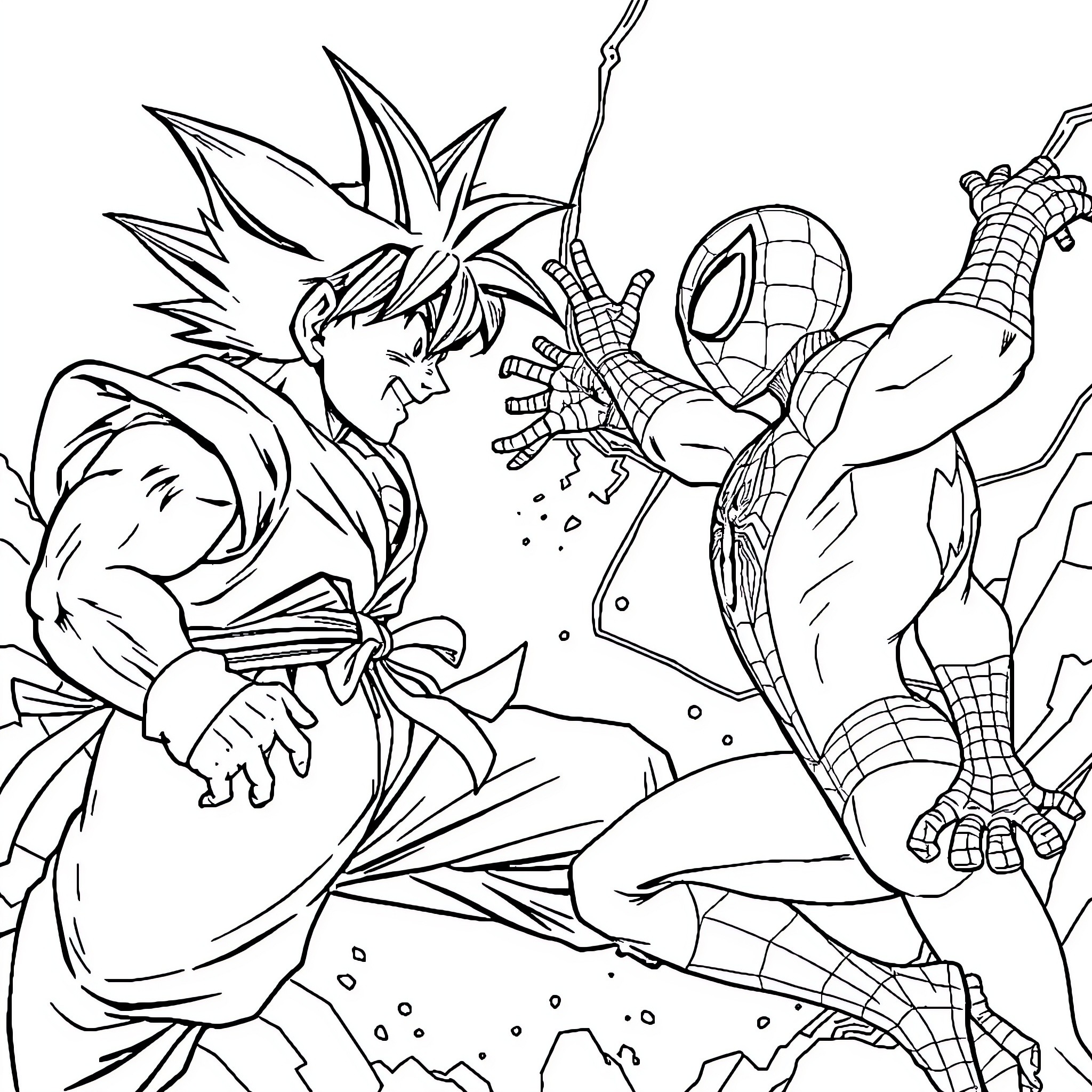 Goku and Spider-Man battle in a dramatic scene Coloring Page (free black-and-white line drawing printable PDF for all, from beginners to advanced learners, including children, teens, adults, and seniors)