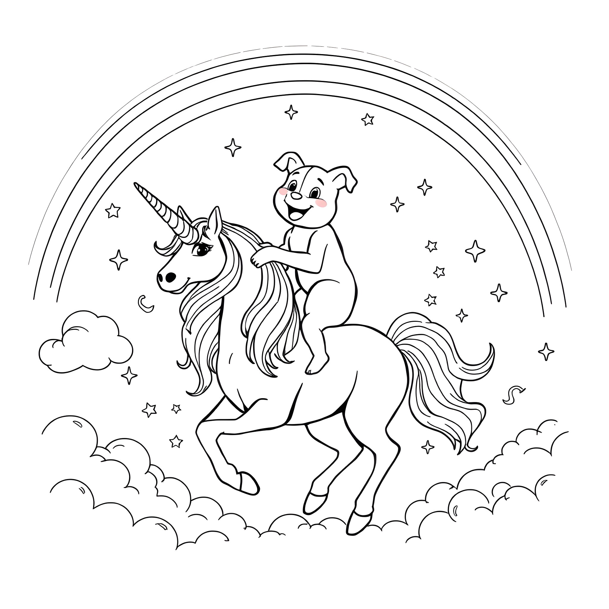 Dog riding a magical unicorn under the starry sky Coloring Page (free black-and-white line drawing printable PDF for all, from beginners to advanced learners, including children, teens, adults, and seniors)