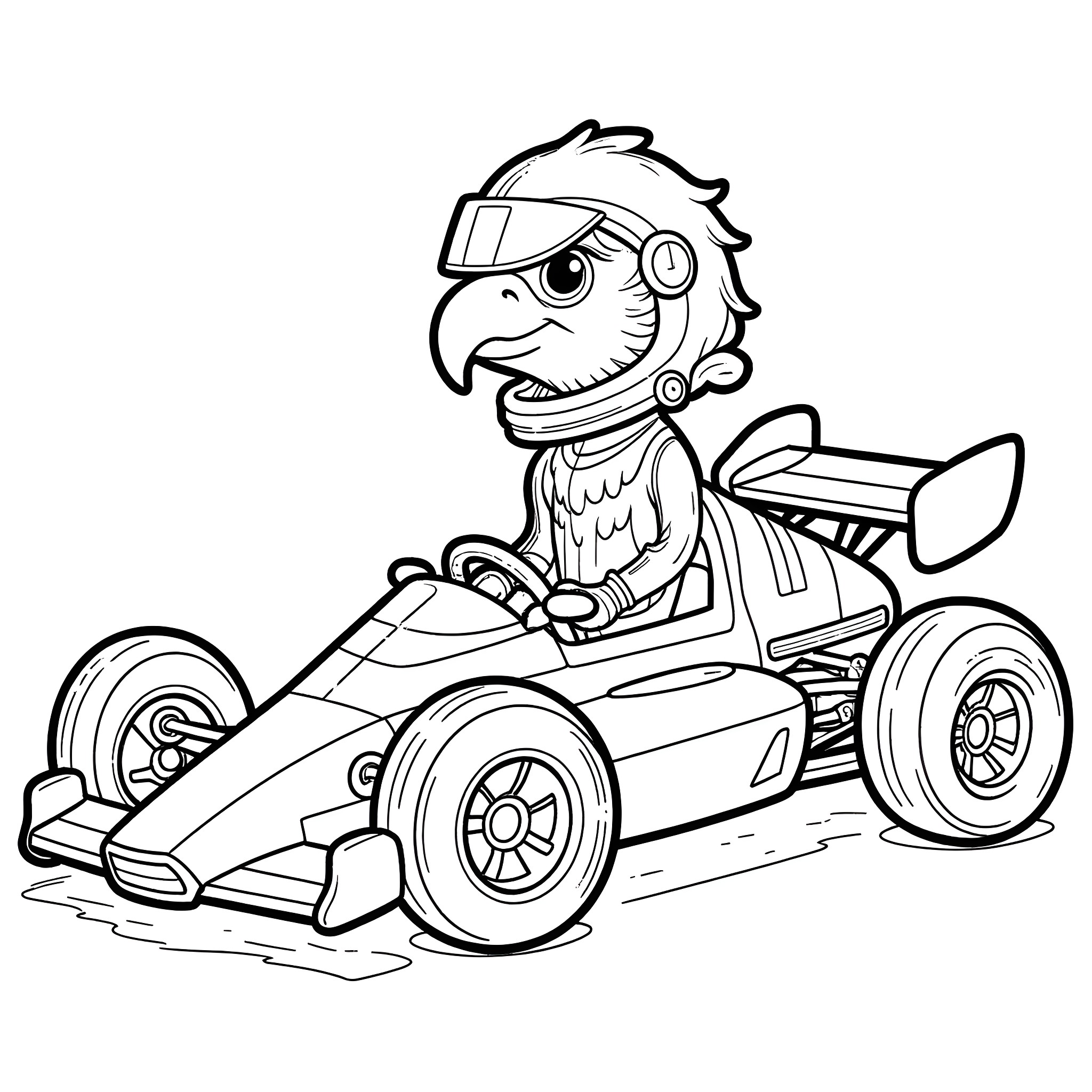 Bald Eagle Driving a Racing Cart Coloring Page (free black-and-white line drawing printable PDF for all, from beginners to advanced learners, including children, teens, adults, and seniors)