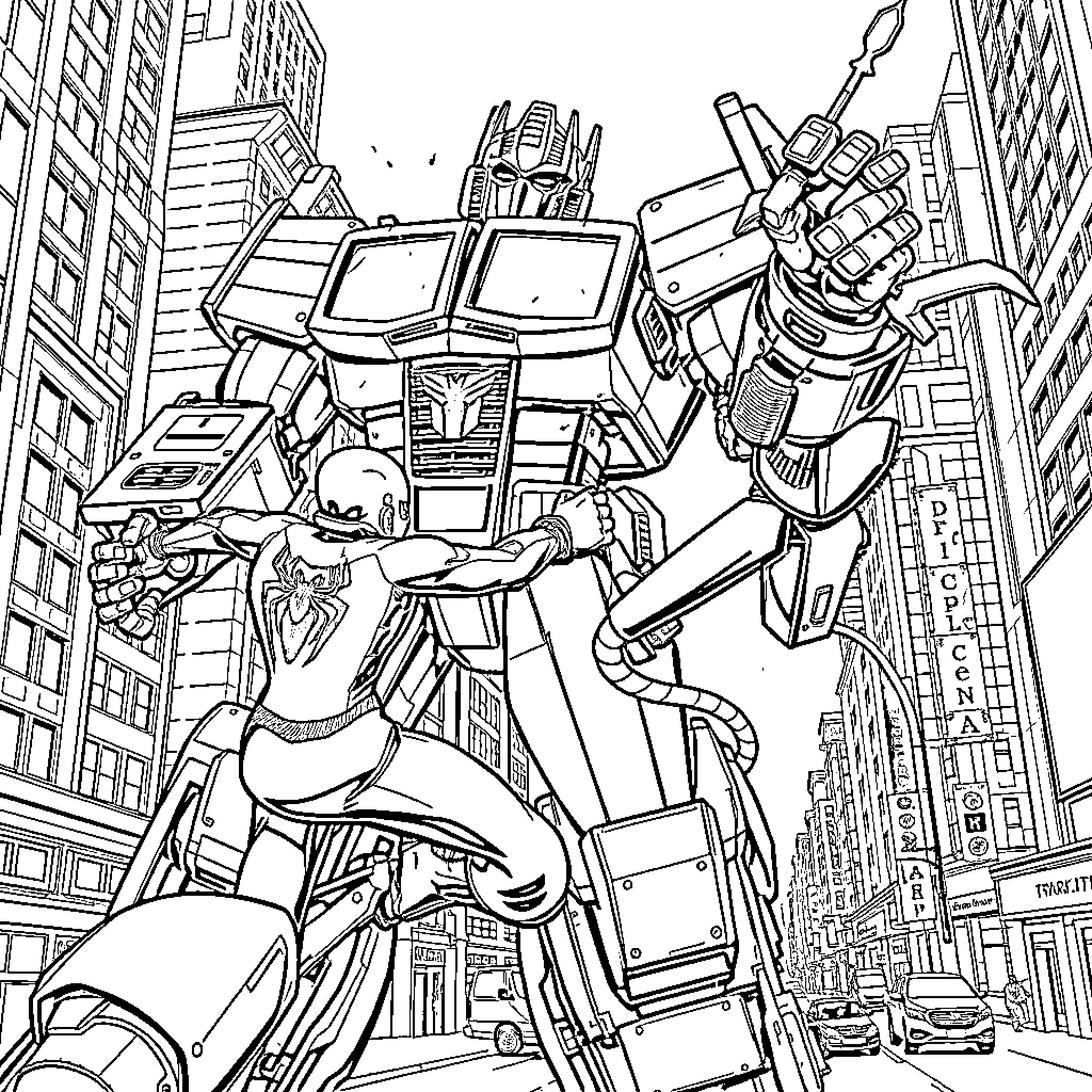 Optimus Prime Battling Enemies in the City Coloring Page (free black-and-white line drawing printable PDF for all, from beginners to advanced learners, including children, teens, adults, and seniors)