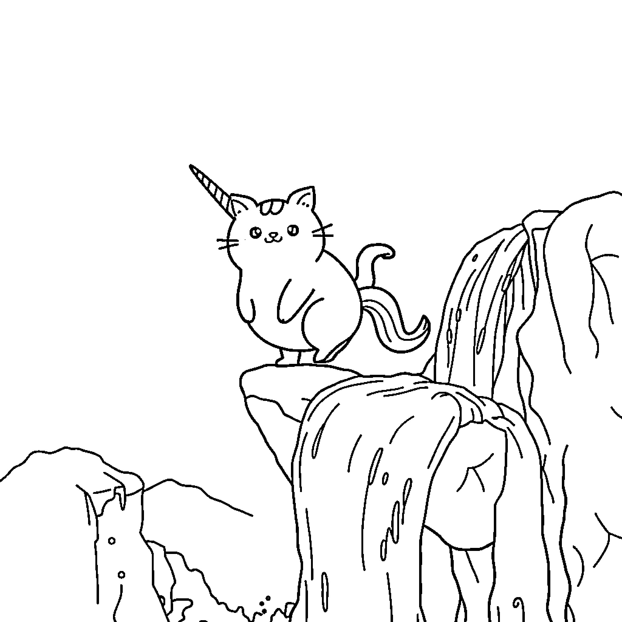 Pusheen the Unicorn Cat in Fantastical Landscape Coloring Page (free black-and-white line drawing printable PDF for all, from beginners to advanced learners, including children, teens, adults, and seniors)