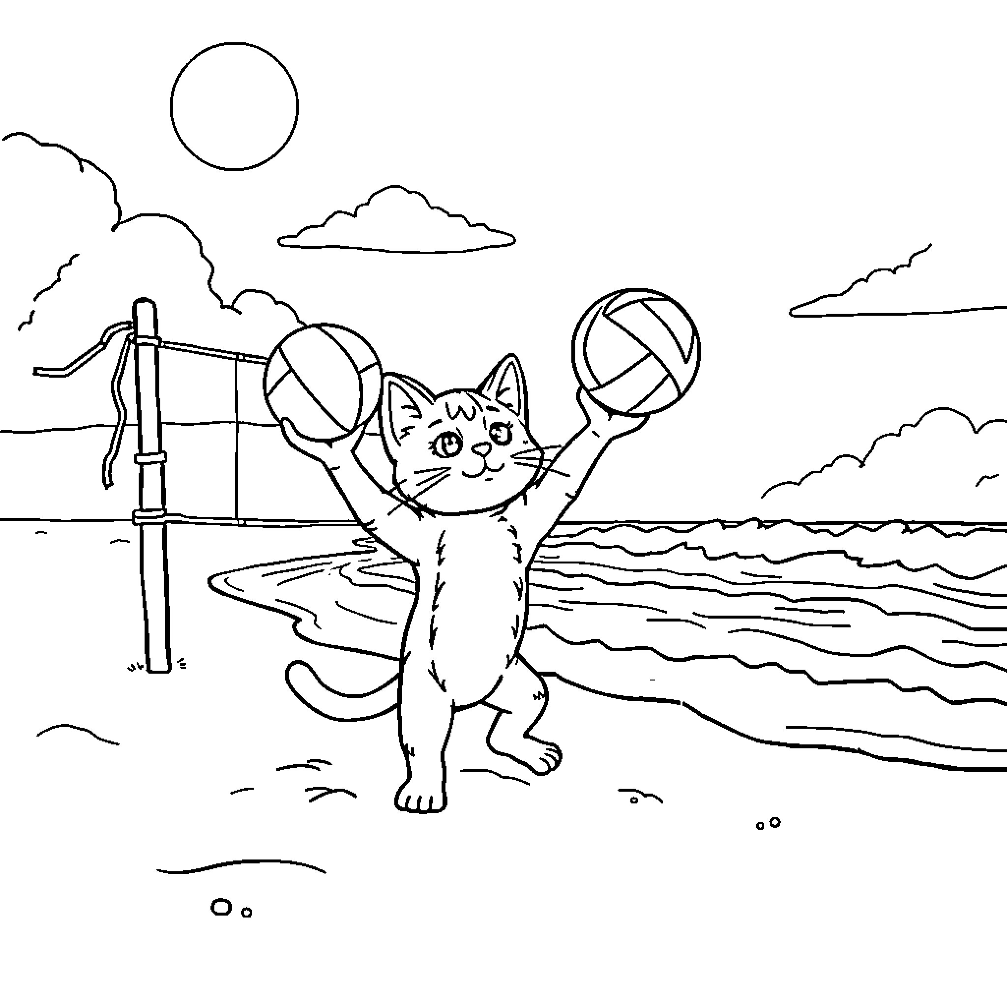 Cat playing beach volleyball on the shore Coloring Page (free black-and-white line drawing printable PDF for all, from beginners to advanced learners, including children, teens, adults, and seniors)