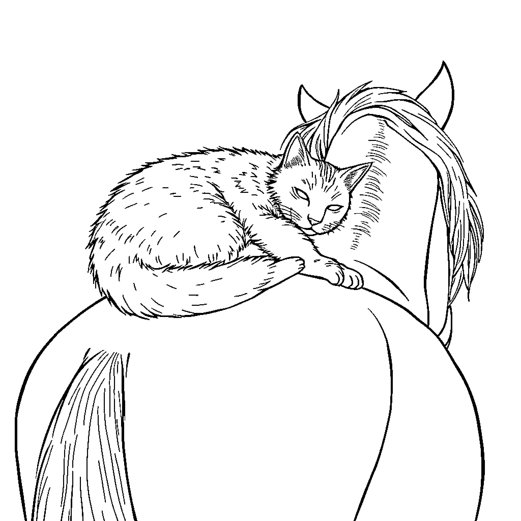 Cat sleeping peacefully on a cushion Coloring Page (free black-and-white line drawing printable PDF for all, from beginners to advanced learners, including children, teens, adults, and seniors)