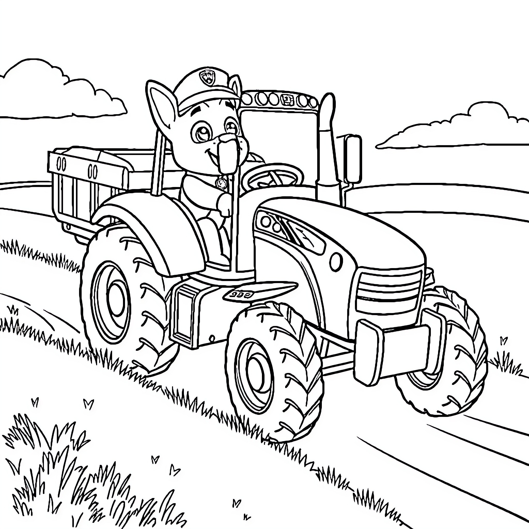 Paw Patrol pup driving a tractor on the farm Coloring Page (free black-and-white line drawing printable PDF for all, from beginners to advanced learners, including children, teens, adults, and seniors)