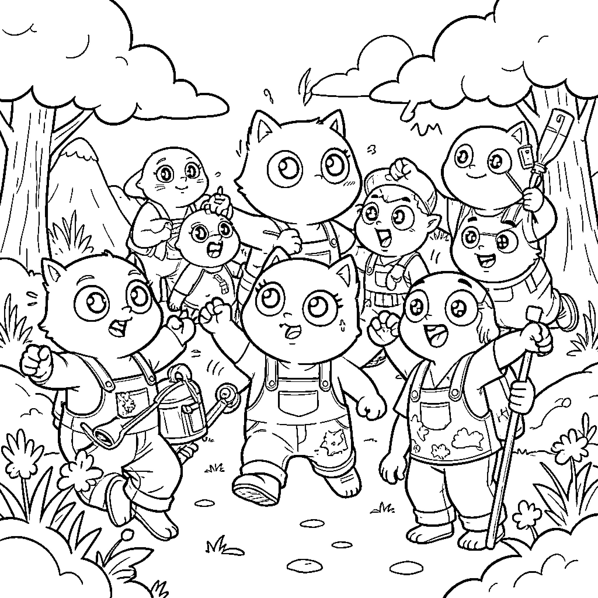Minion kittens playing joyfully in a forest setting Coloring Page (free black-and-white line drawing printable PDF for all, from beginners to advanced learners, including children, teens, adults, and seniors)