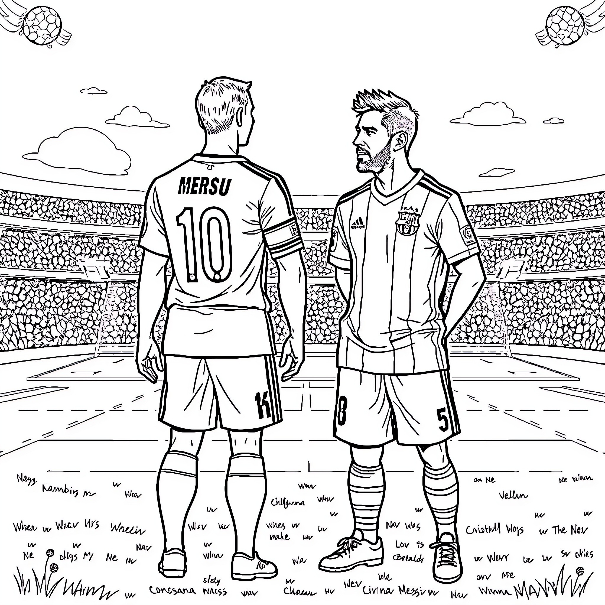 Cristiano Ronaldo and Lionel Messi Facing Off on the Field Coloring Page (free black-and-white line drawing printable PDF for all, from beginners to advanced learners, including children, teens, adults, and seniors)