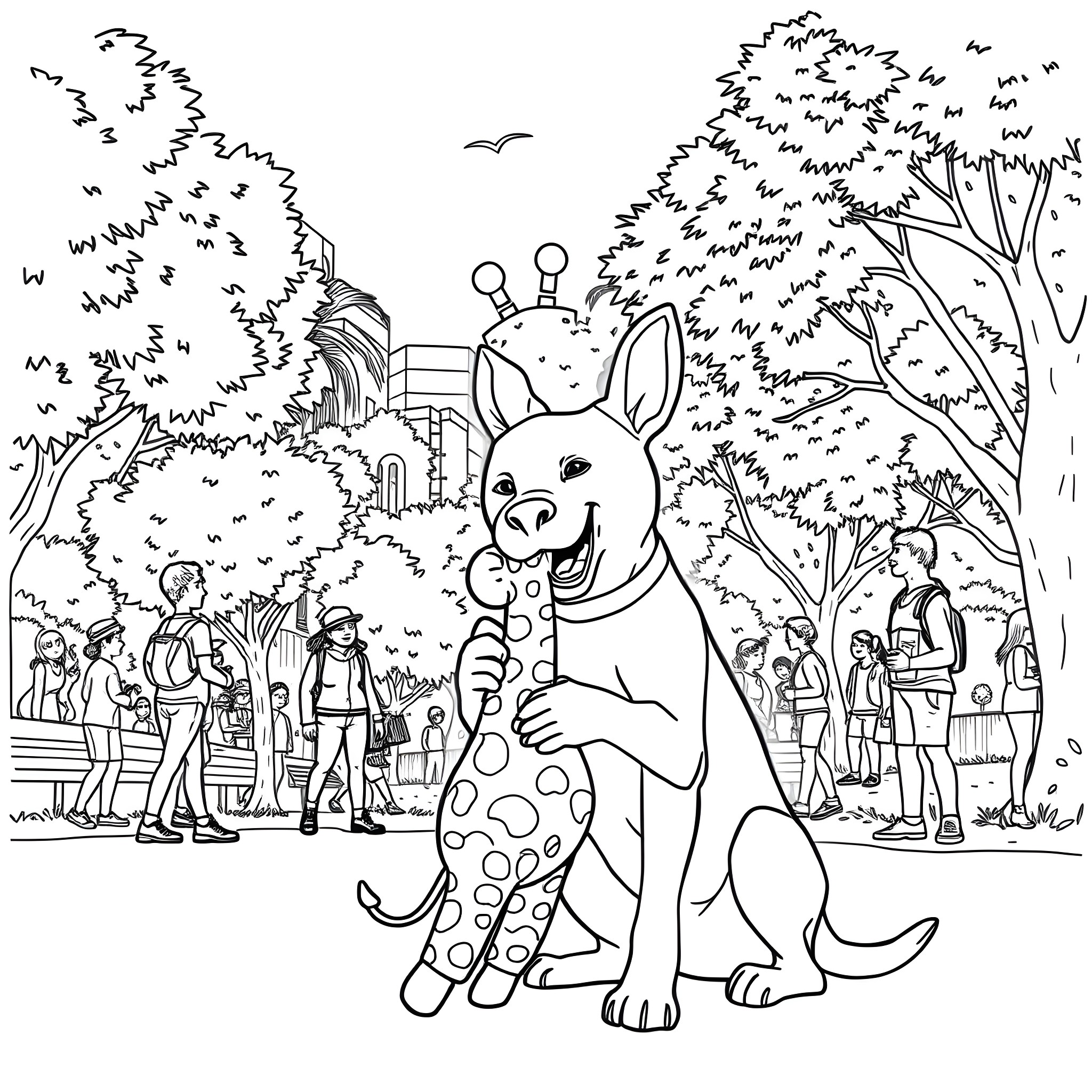 Dog enjoying a lively park scene Coloring Page (free black-and-white line drawing printable PDF for all, from beginners to advanced learners, including children, teens, adults, and seniors)