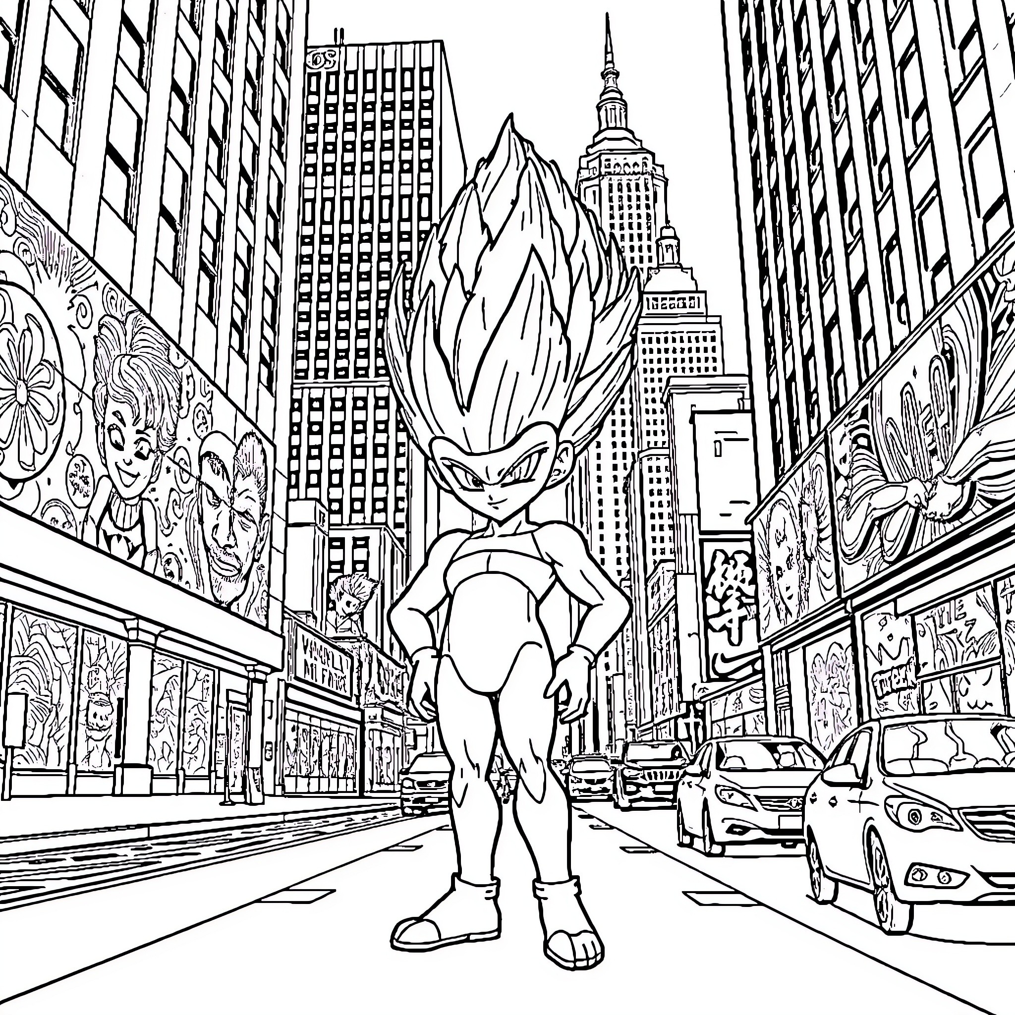 Vegeta Stands Tall in the City Skyline Coloring Page (free black-and-white line drawing printable PDF for all, from beginners to advanced learners, including children, teens, adults, and seniors)