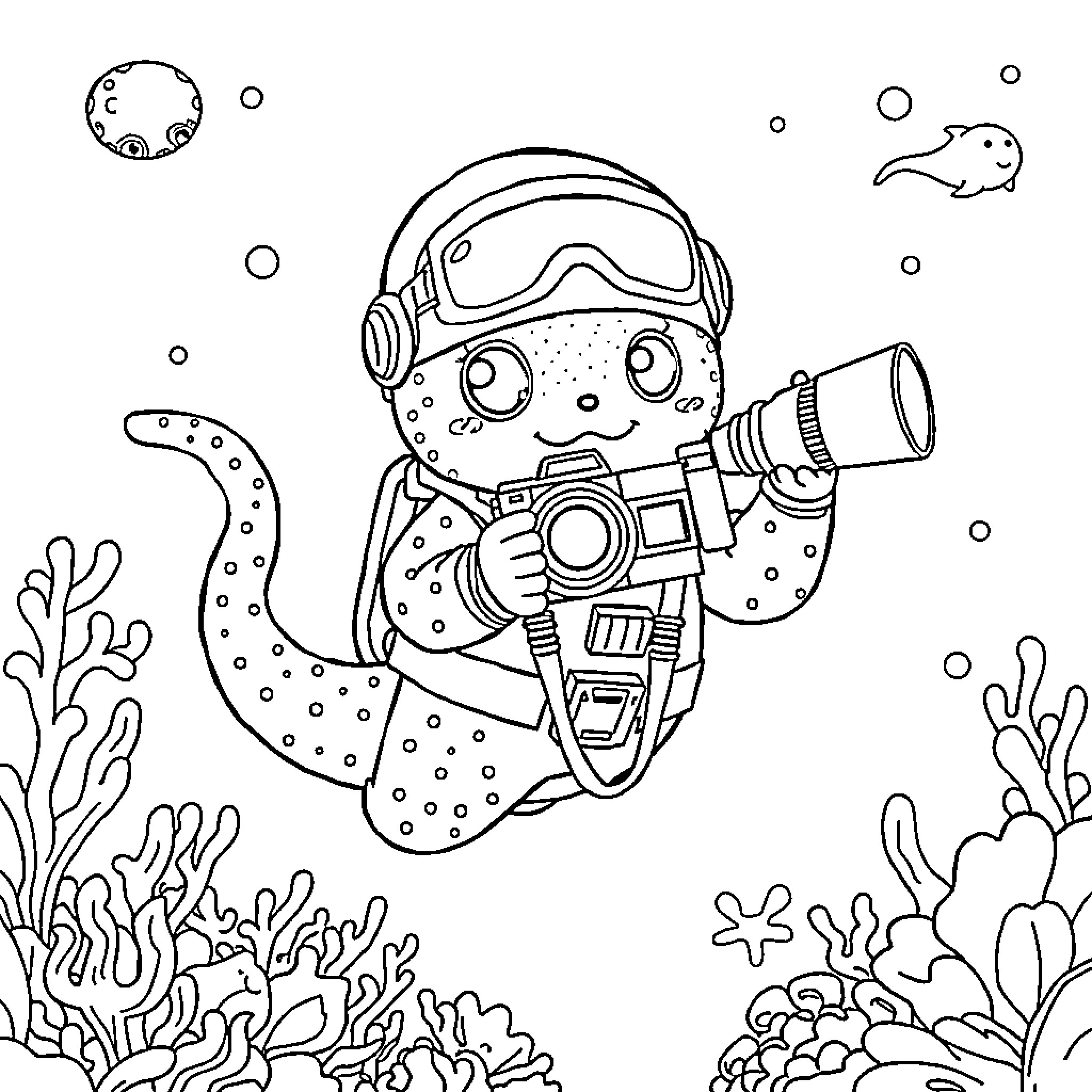 Octonaut exploring the underwater world with camera Coloring Page (free black-and-white line drawing printable PDF for all, from beginners to advanced learners, including children, teens, adults, and seniors)