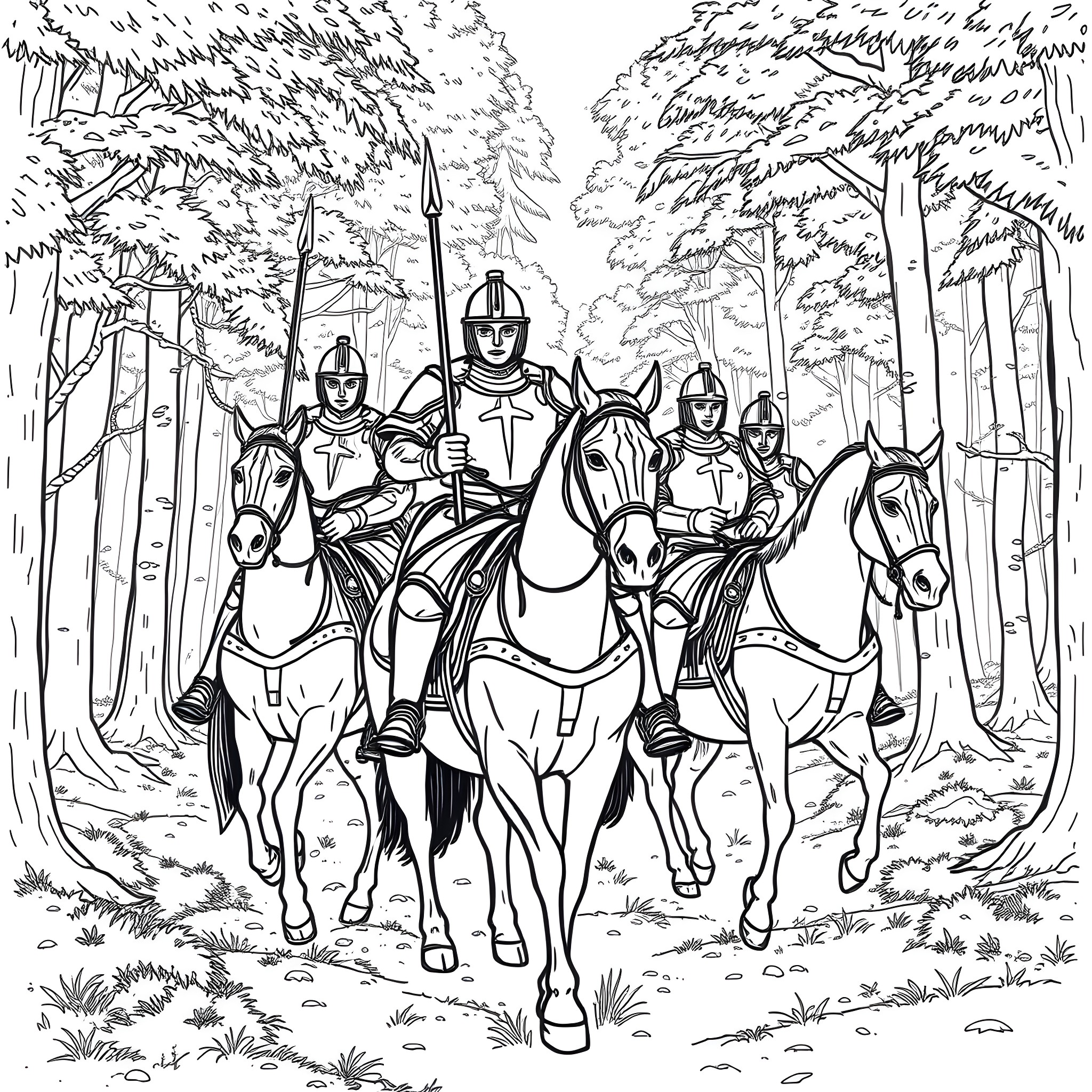 Knight Cavalry Patrol in Enchanted Forest Coloring Page (free black-and-white line drawing printable PDF for all, from beginners to advanced learners, including children, teens, adults, and seniors)