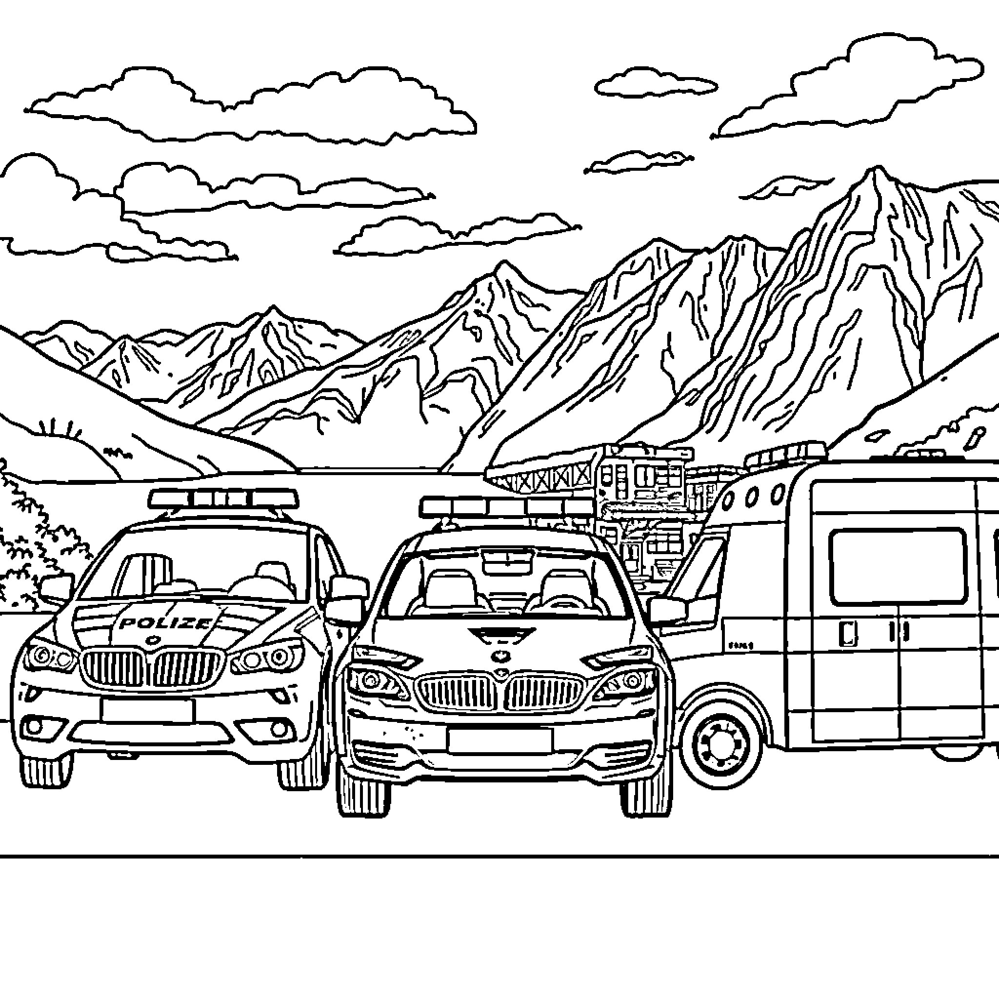 Emergency Vehicles Responding in Mountain Terrain Coloring Page (free black-and-white line drawing printable PDF for all, from beginners to advanced learners, including children, teens, adults, and seniors)