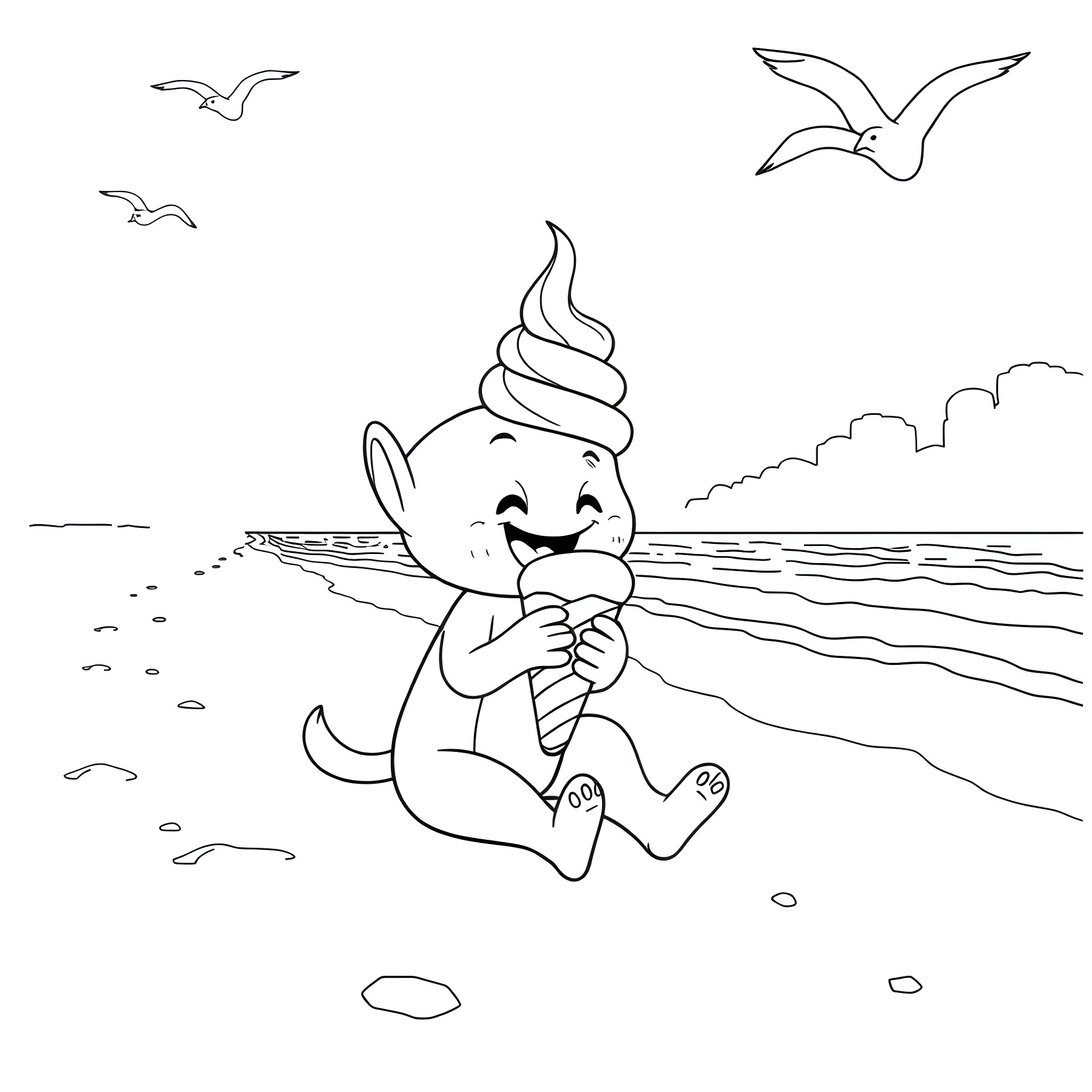 Bluey enjoying an ice cream by the beach Coloring Page (free black-and-white line drawing printable PDF for all, from beginners to advanced learners, including children, teens, adults, and seniors)