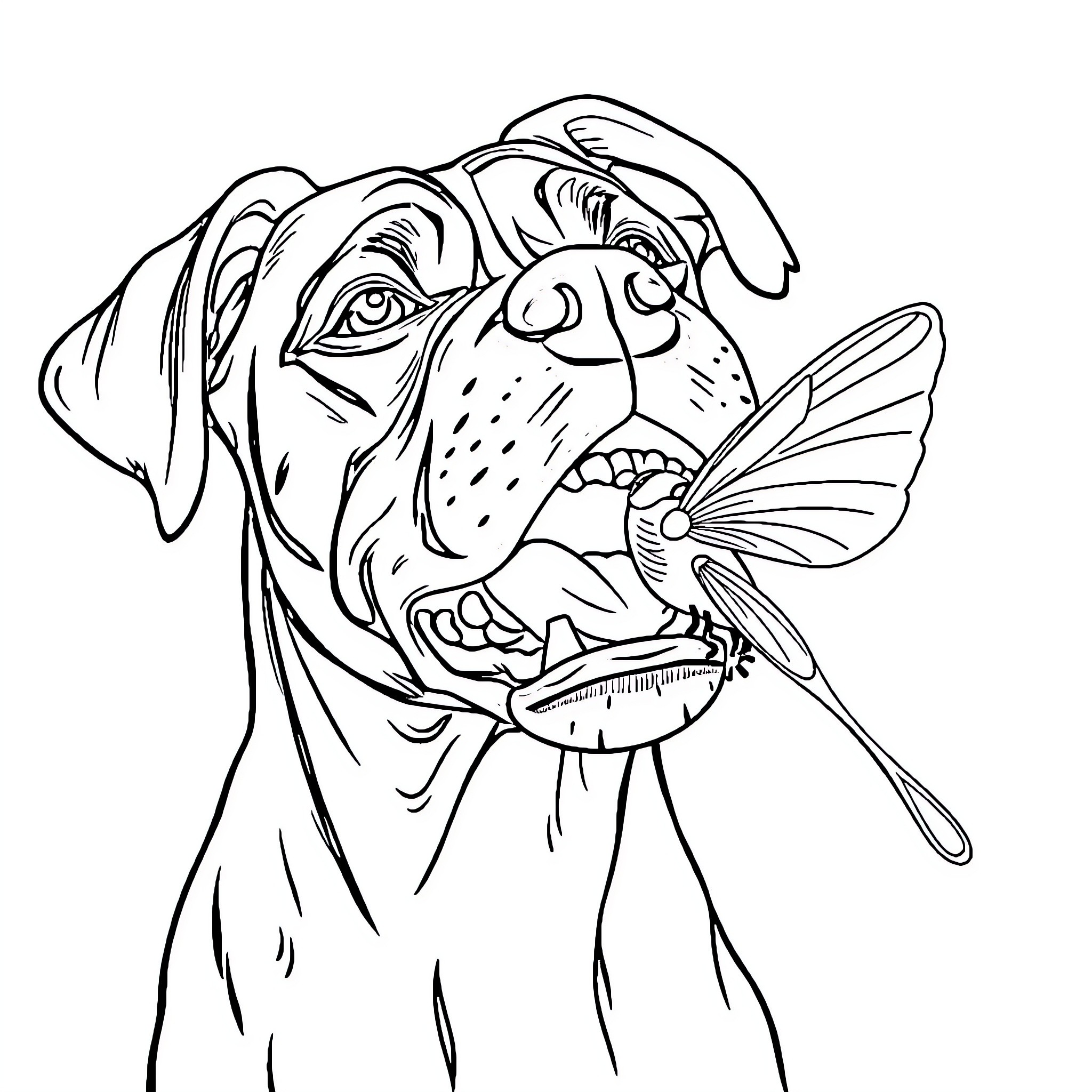Boxer dog with butterfly in mouth Coloring Page (free black-and-white line drawing printable PDF for all, from beginners to advanced learners, including children, teens, adults, and seniors)