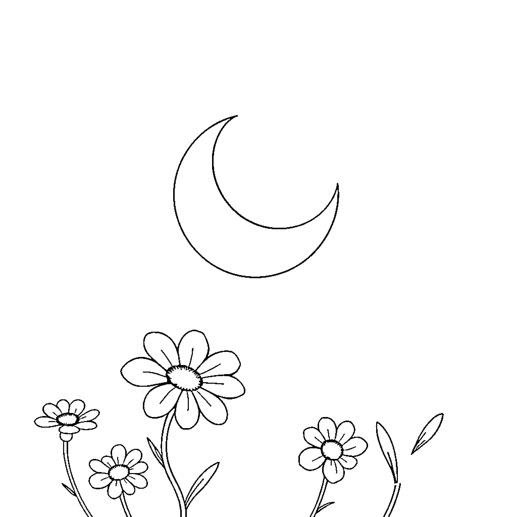 Moon and simple flowers Coloring Page (free black-and-white line drawing printable PDF for all, from beginners to advanced learners, including children, teens, adults, and seniors)