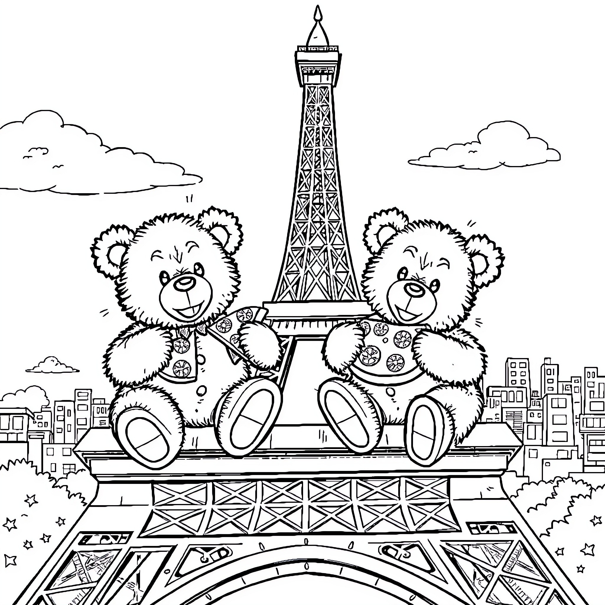 Teddy Bears Enjoying a Scenic Tour of Paris Coloring Page (free black-and-white line drawing printable PDF for all, from beginners to advanced learners, including children, teens, adults, and seniors)