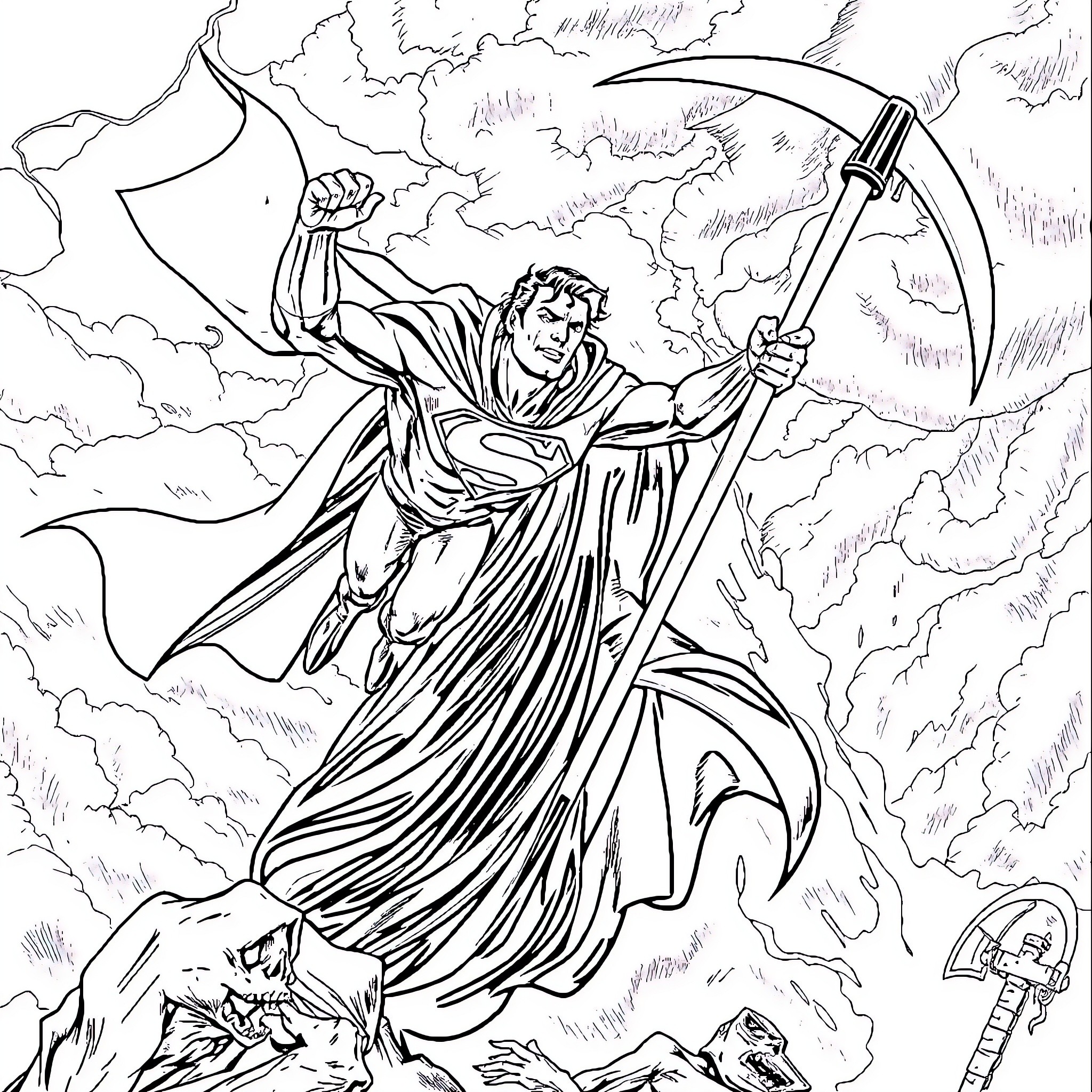 Superman heroically battling in the stormy skies Coloring Page (free black-and-white line drawing printable PDF for all, from beginners to advanced learners, including children, teens, adults, and seniors)