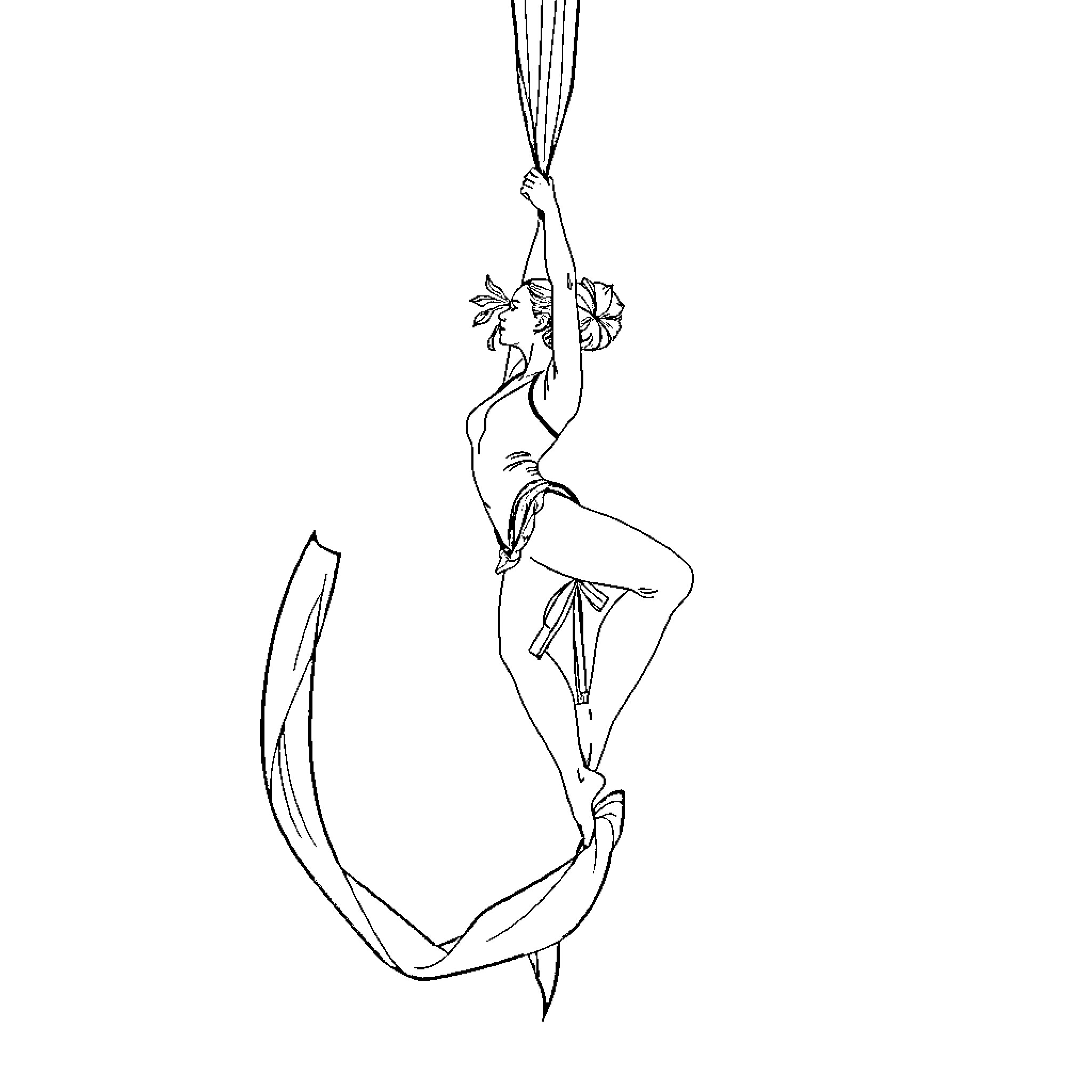 Aerial Silk Performer Showcasing Graceful Acrobatics Coloring Page (free black-and-white line drawing printable PDF for all, from beginners to advanced learners, including children, teens, adults, and seniors)