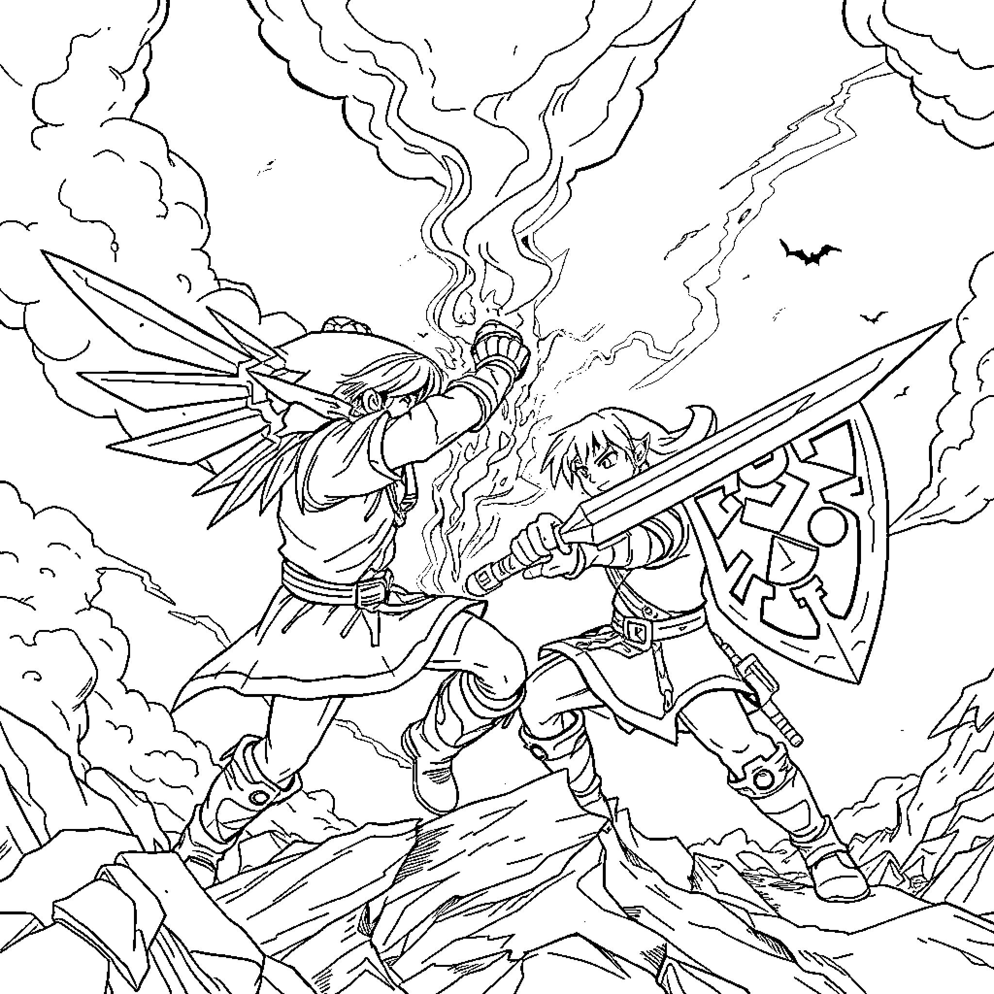 Link battling fiercely in the thunderous storm Coloring Page (free black-and-white line drawing printable PDF for all, from beginners to advanced learners, including children, teens, adults, and seniors)