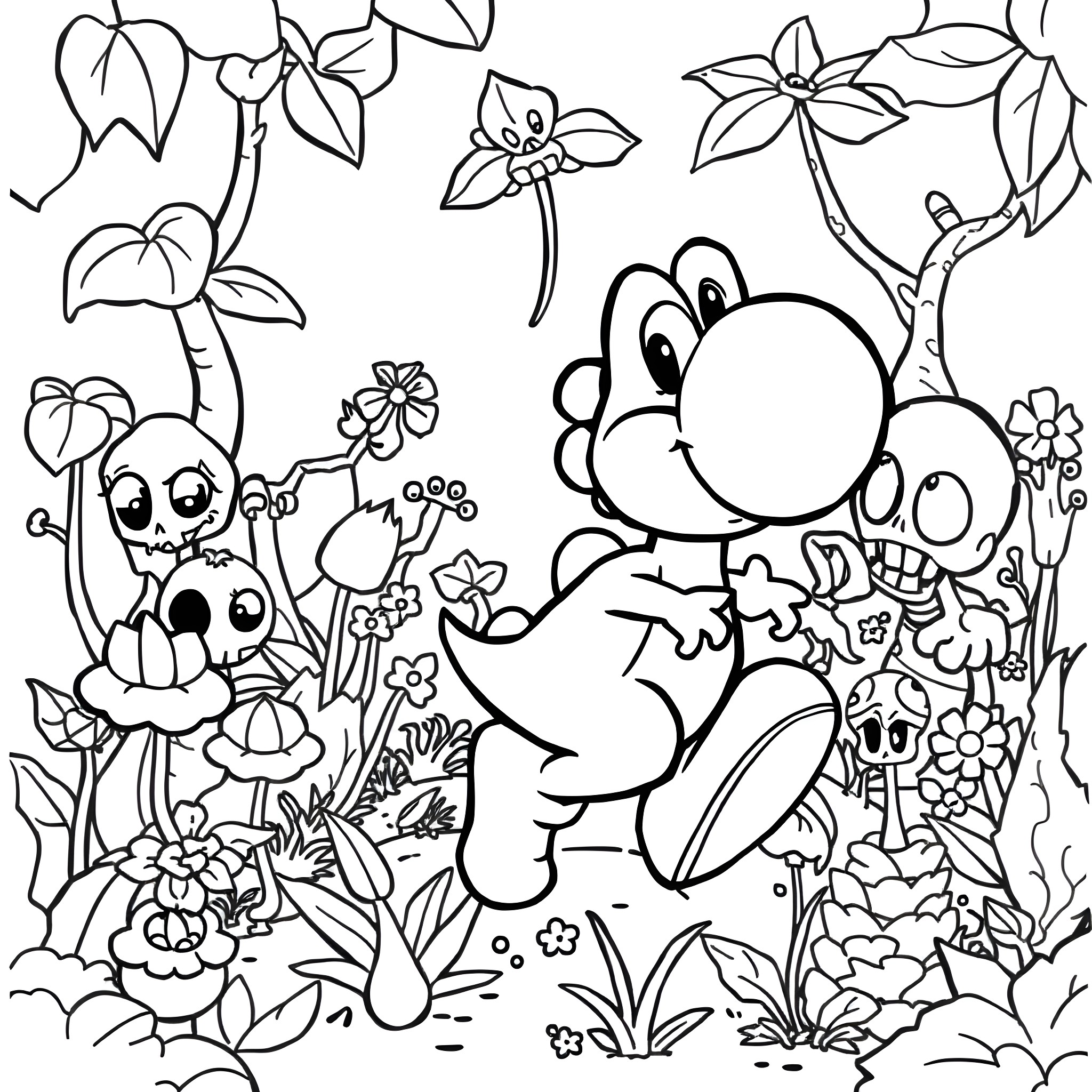 Yoshi exploring a vibrant floral landscape Coloring Page (free black-and-white line drawing printable PDF for all, from beginners to advanced learners, including children, teens, adults, and seniors)