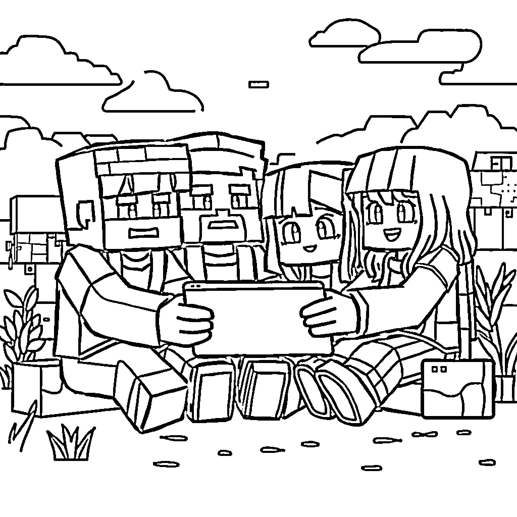 Villager friends enjoying outdoor picnic together Coloring Page (free black-and-white line drawing printable PDF for all, from beginners to advanced learners, including children, teens, adults, and seniors)
