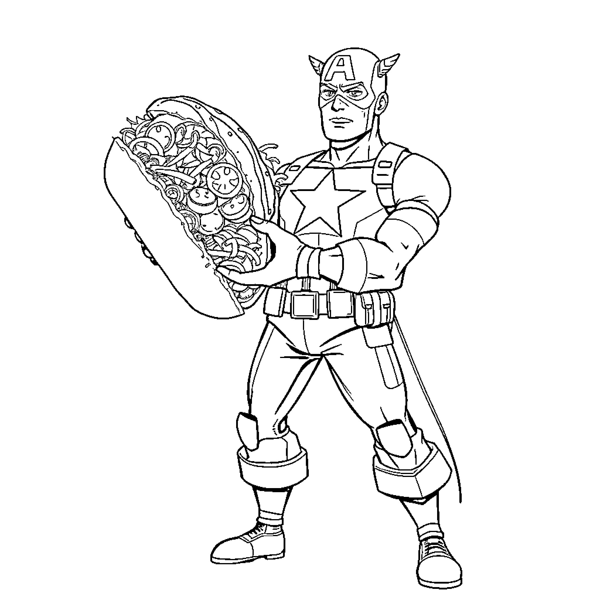 Captain America Holding a Taco Coloring Page (free black-and-white line drawing printable PDF for all, from beginners to advanced learners, including children, teens, adults, and seniors)