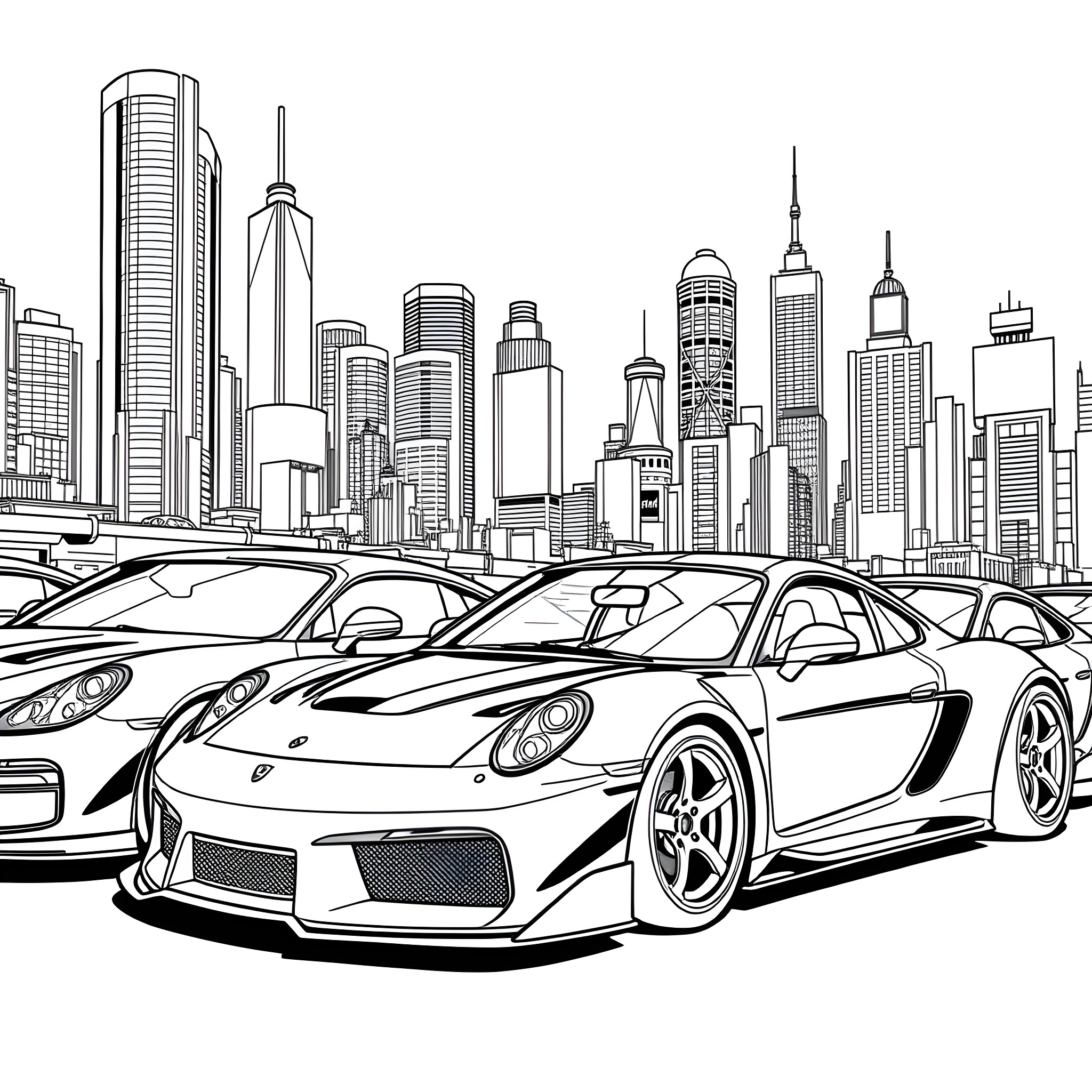 Cars racing through the city skyline Coloring Page (free black-and-white line drawing printable PDF for all, from beginners to advanced learners, including children, teens, adults, and seniors)