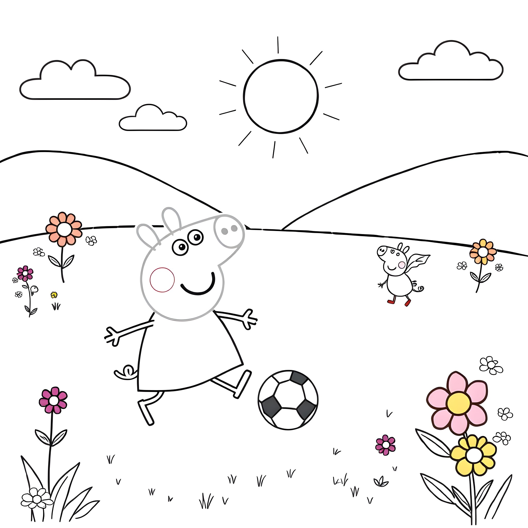 Peppa Pig playing soccer in a floral meadow Coloring Page (free black-and-white line drawing printable PDF for all, from beginners to advanced learners, including children, teens, adults, and seniors)