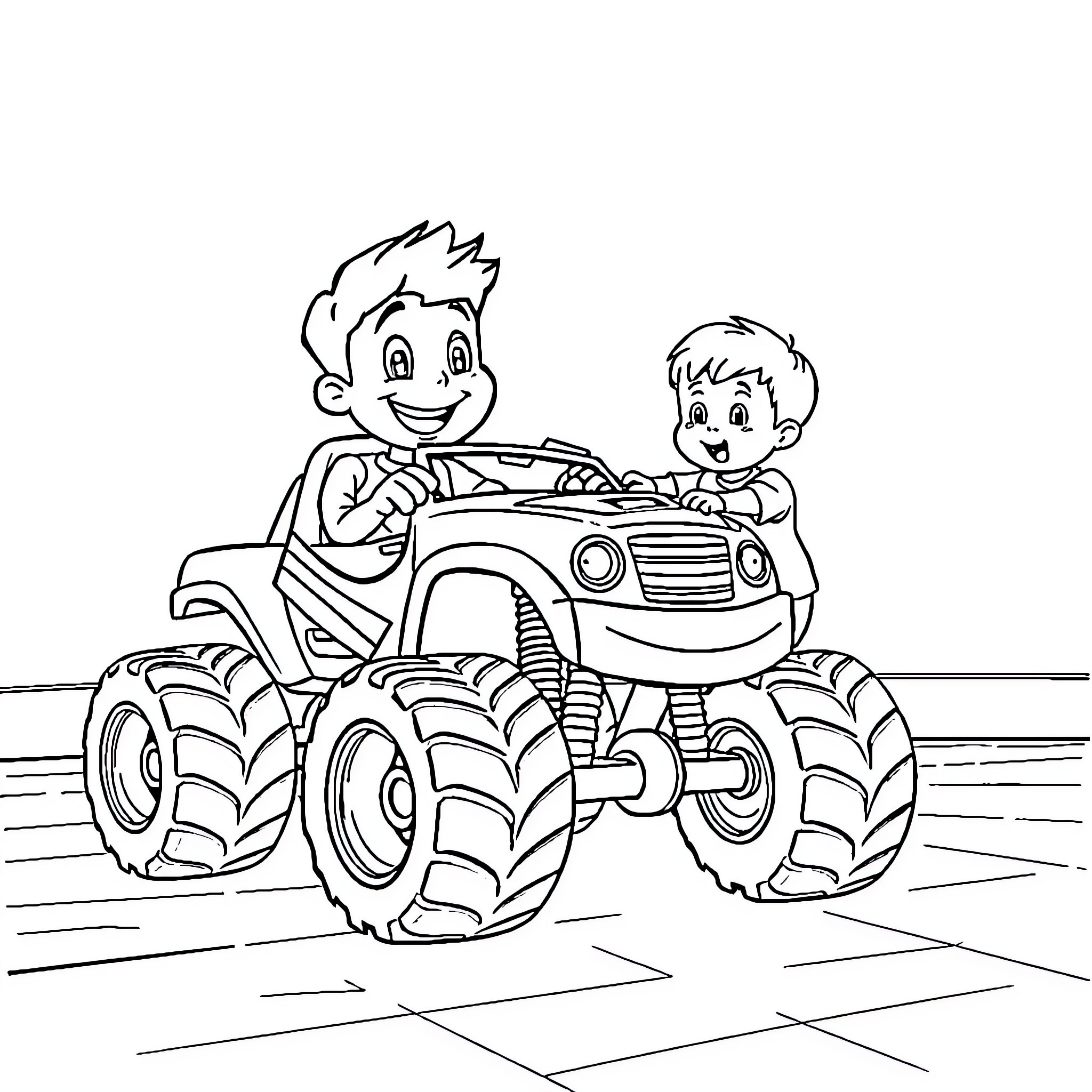 Bodie's Monster Truck Adventure Coloring Page (free black-and-white line drawing printable PDF for all, from beginners to advanced learners, including children, teens, adults, and seniors)