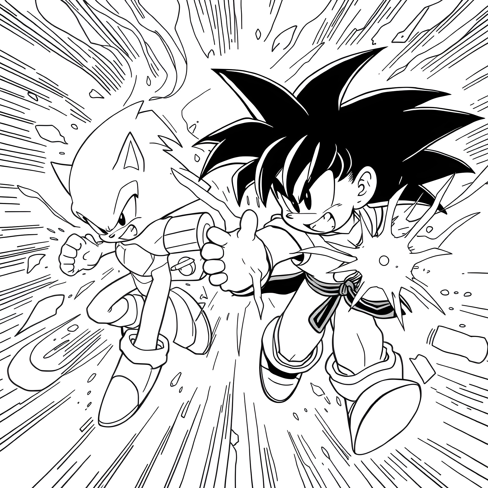 Sonic characters in an action-packed scene Coloring Page (free black-and-white line drawing printable PDF for all, from beginners to advanced learners, including children, teens, adults, and seniors)