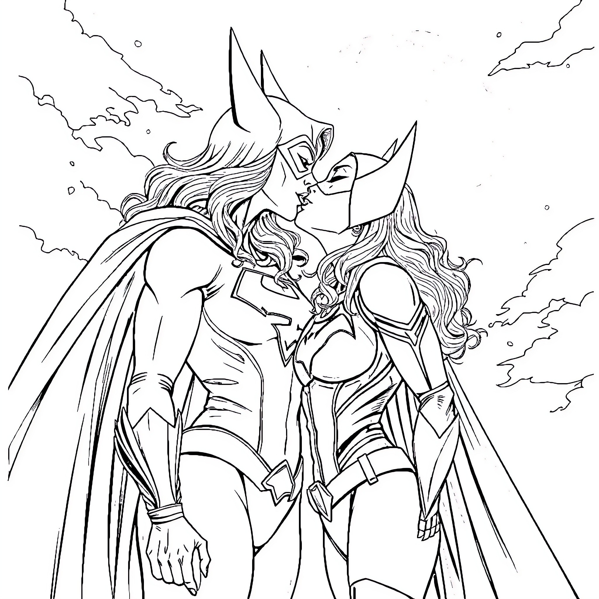 Supergirl and superhero in heroic battle stance Coloring Page (free black-and-white line drawing printable PDF for all, from beginners to advanced learners, including children, teens, adults, and seniors)