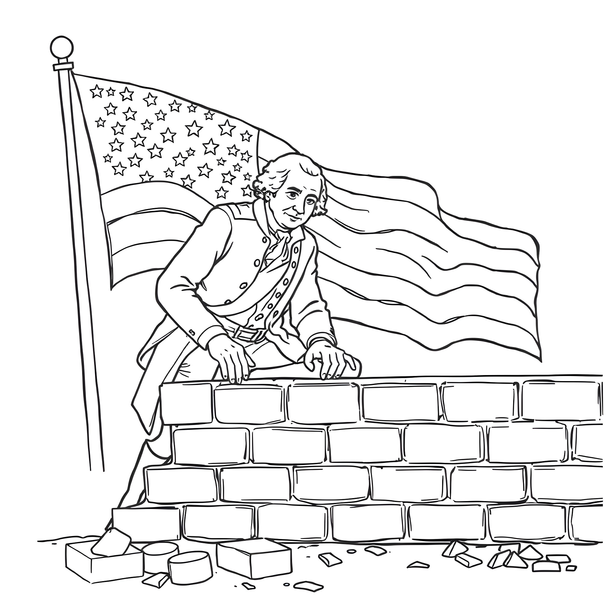 George Washington standing proudly behind a brick wall with the American flag Coloring Page (free black-and-white line drawing printable PDF for all, from beginners to advanced learners, including children, teens, adults, and seniors)