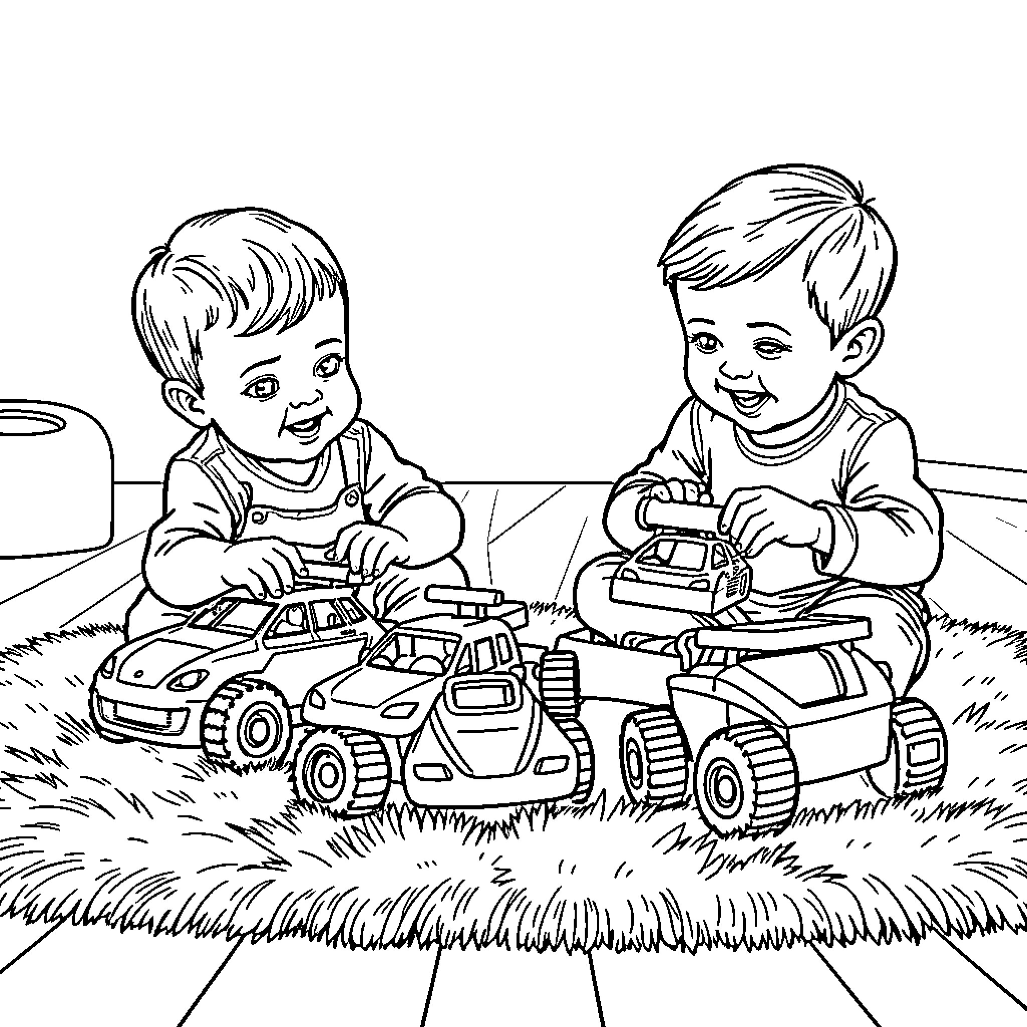 Boy playing joyfully with toy vehicles on the grass Coloring Page (free black-and-white line drawing printable PDF for all, from beginners to advanced learners, including children, teens, adults, and seniors)