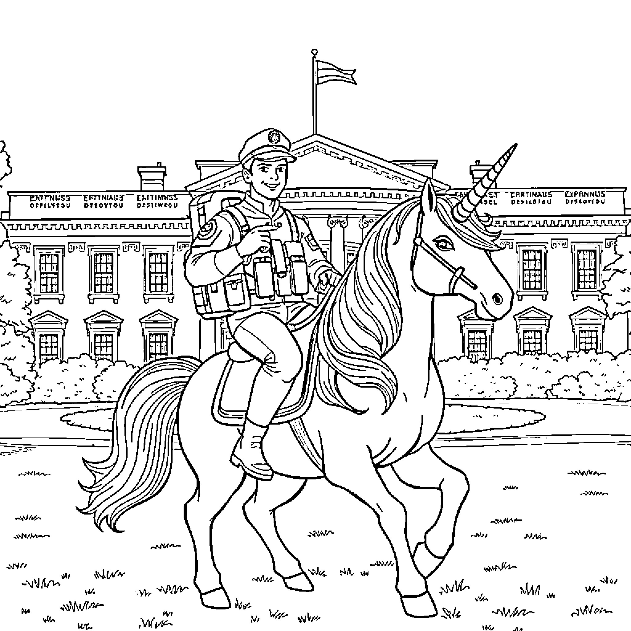 Unicorn Soldier Riding Majestic Steed Coloring Page (free black-and-white line drawing printable PDF for all, from beginners to advanced learners, including children, teens, adults, and seniors)