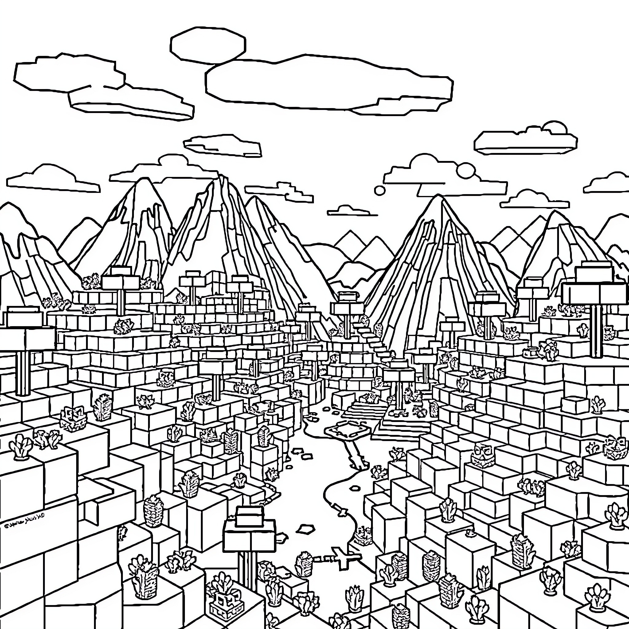 Minecraft Landscape with Mountains and Buildings Coloring Page (free black-and-white line drawing printable PDF for all, from beginners to advanced learners, including children, teens, adults, and seniors)