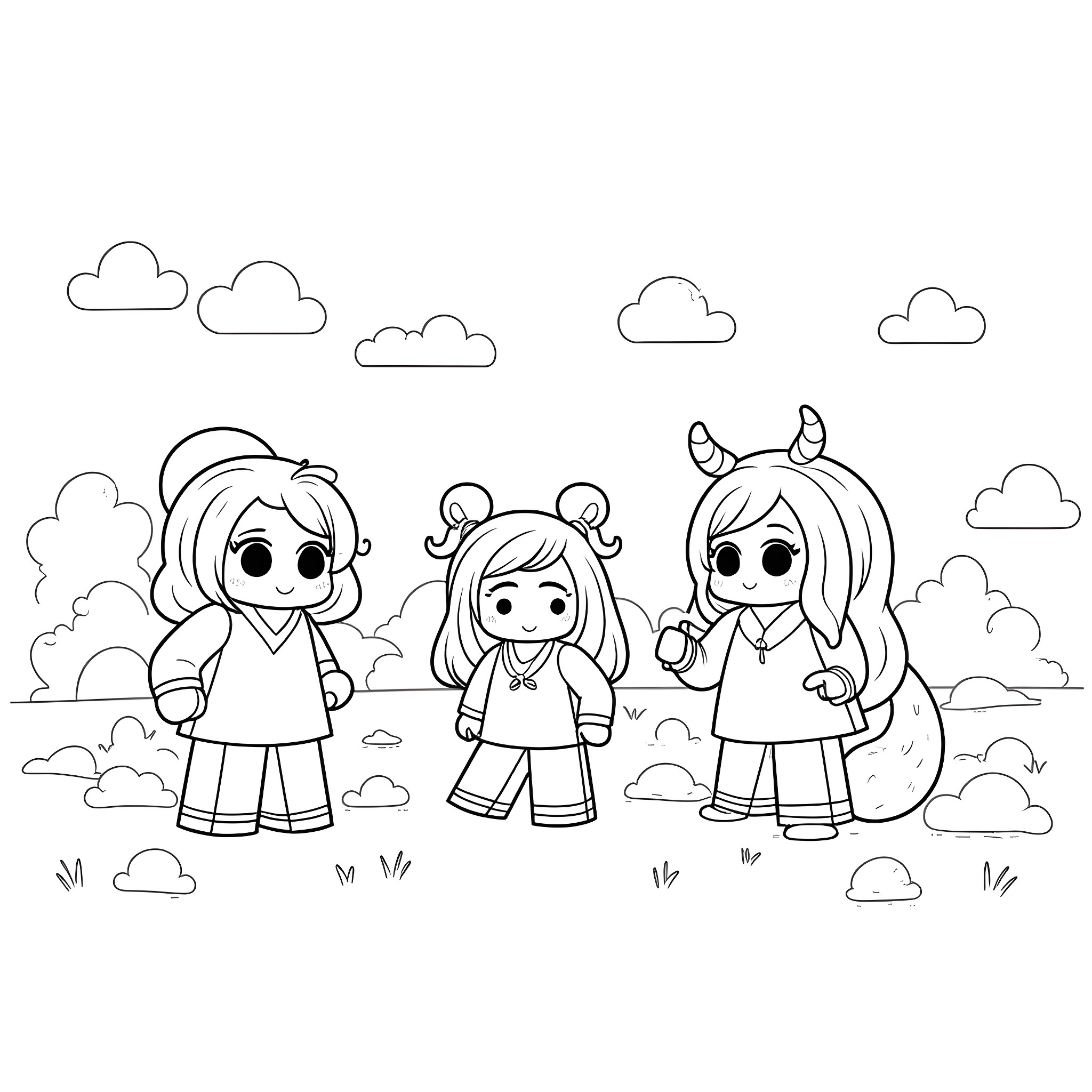 Minecraft characters exploring the outdoors Coloring Page (free black-and-white line drawing printable PDF for all, from beginners to advanced learners, including children, teens, adults, and seniors)