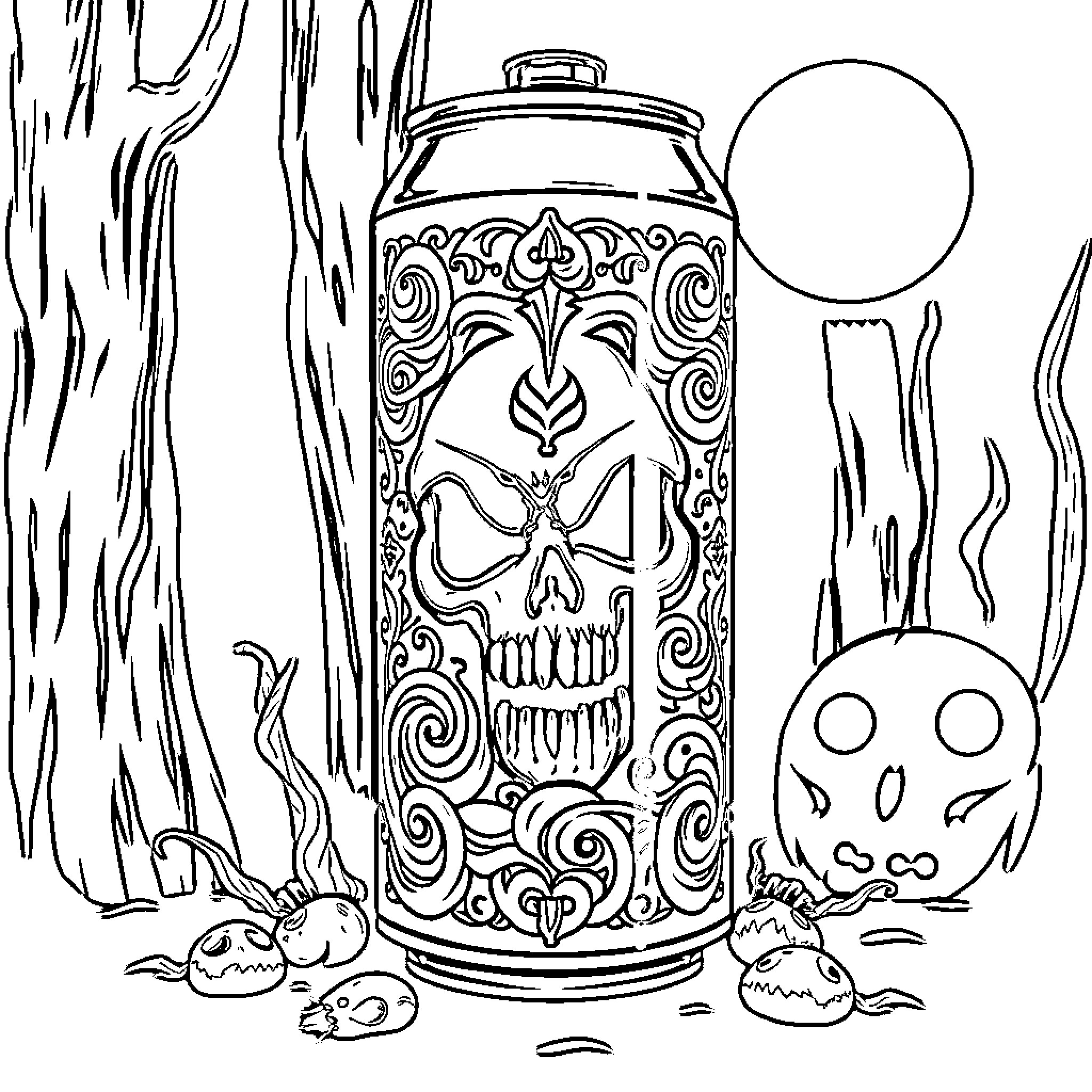 Beer Can with Intricate Skull Artwork in Forest Coloring Page (free black-and-white line drawing printable PDF for all, from beginners to advanced learners, including children, teens, adults, and seniors)