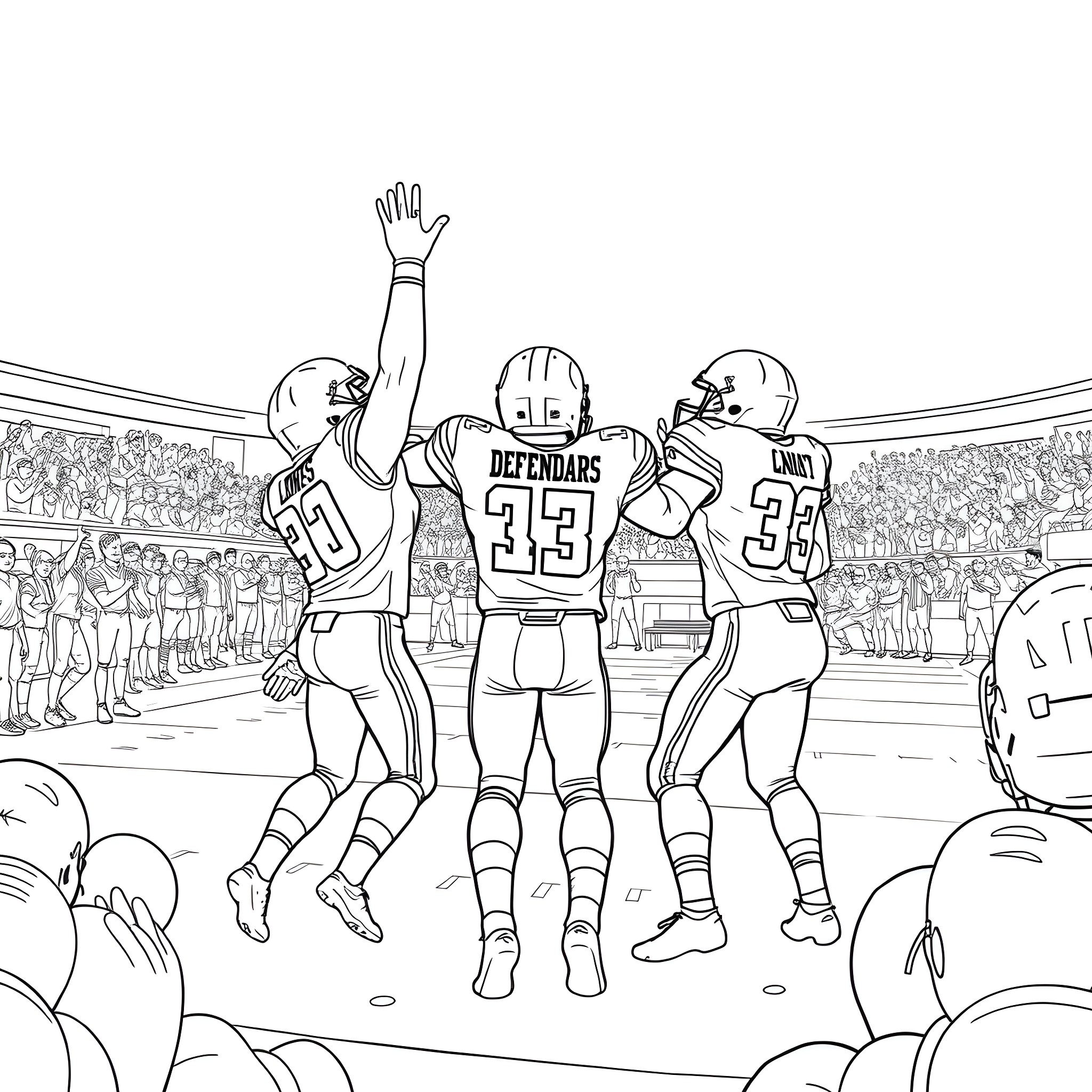 Football players celebrating victory on the field Coloring Page (free black-and-white line drawing printable PDF for all, from beginners to advanced learners, including children, teens, adults, and seniors)
