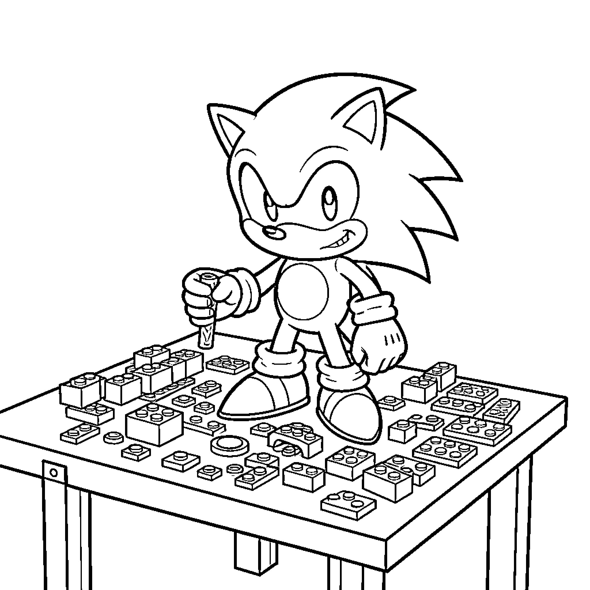 Sonic building with toy blocks on a table Coloring Page (free black-and-white line drawing printable PDF for all, from beginners to advanced learners, including children, teens, adults, and seniors)