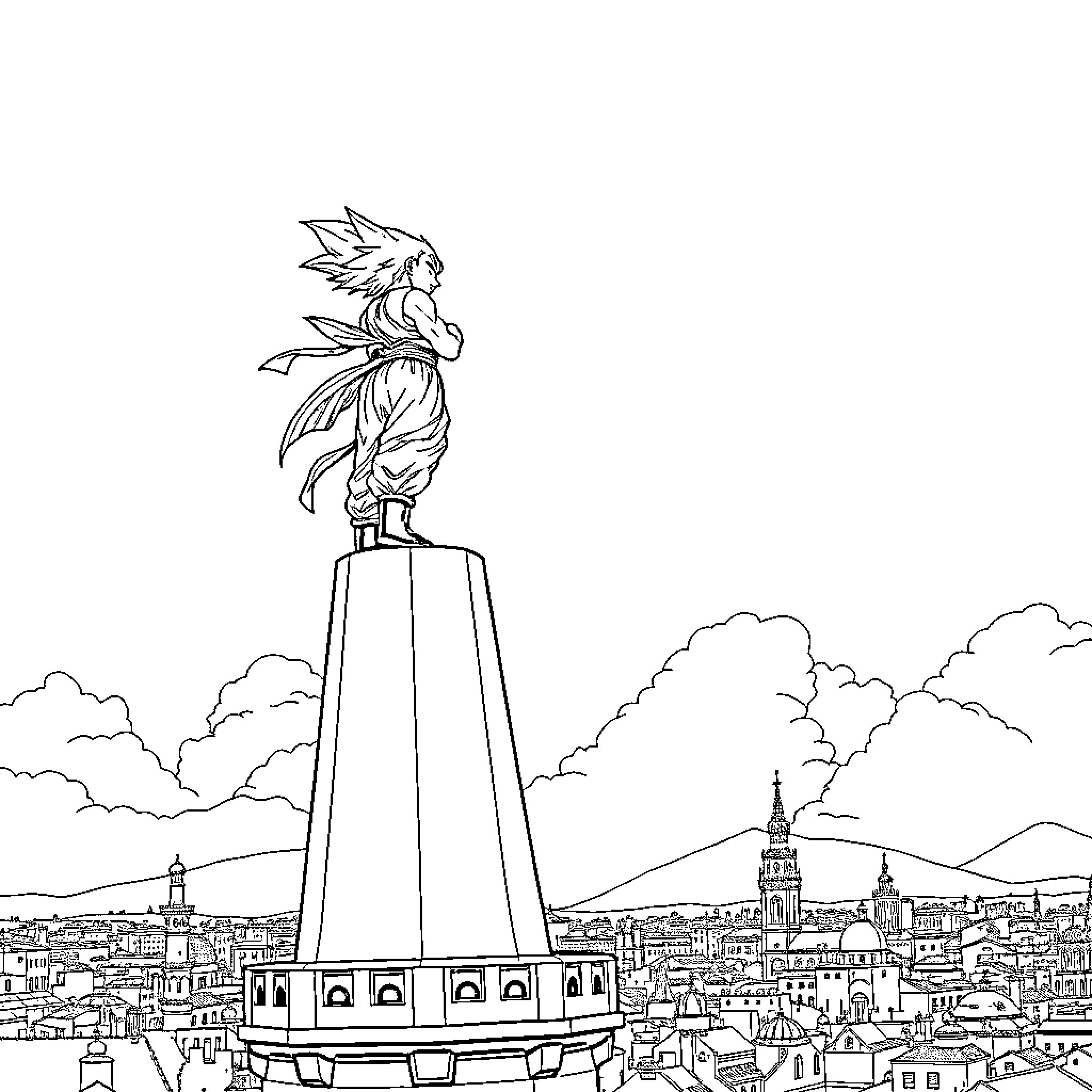Goku stands tall above the city skyline Coloring Page (free black-and-white line drawing printable PDF for all, from beginners to advanced learners, including children, teens, adults, and seniors)