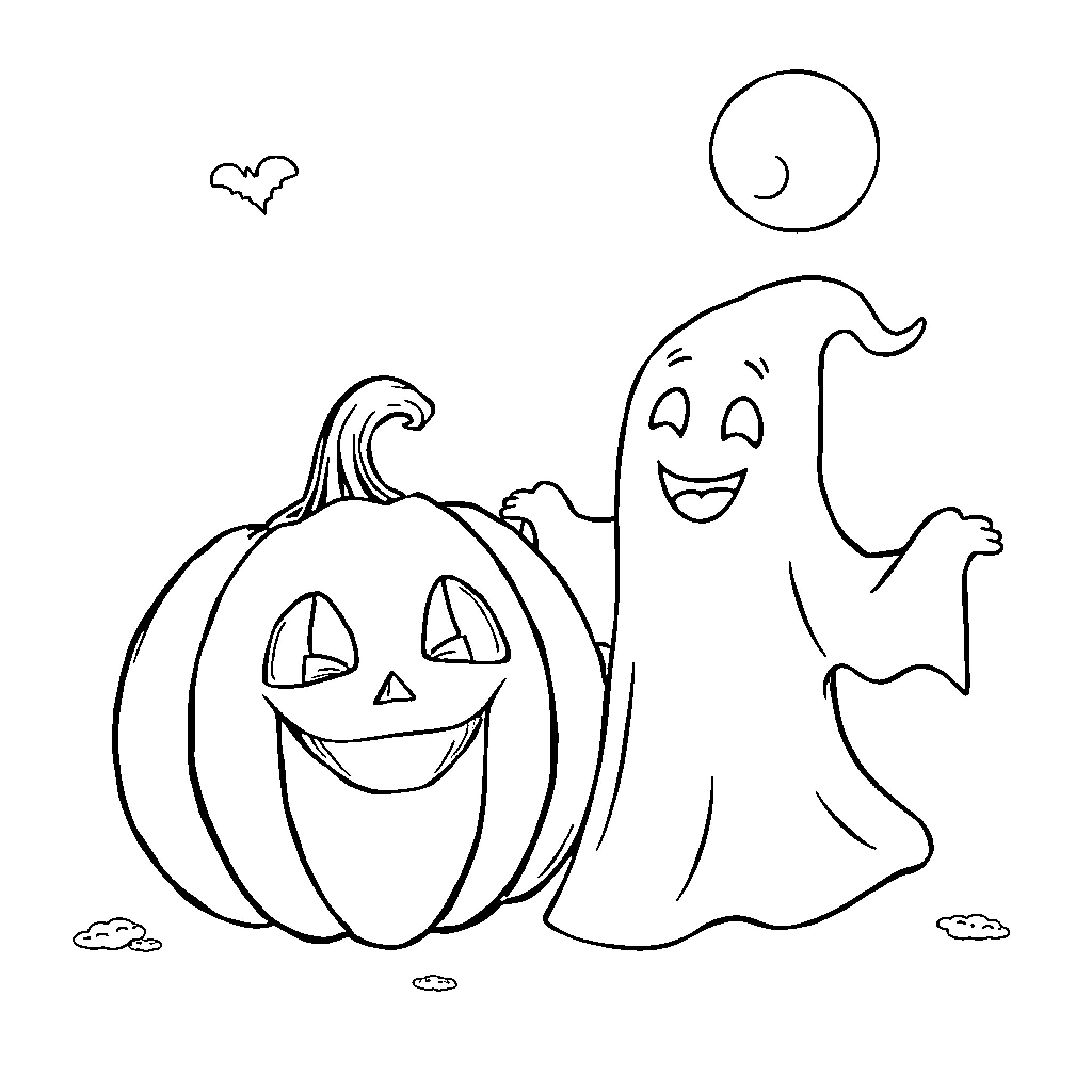 Pumpkin and Ghost Enjoying Halloween Night Coloring Page (free black-and-white line drawing printable PDF for all, from beginners to advanced learners, including children, teens, adults, and seniors)
