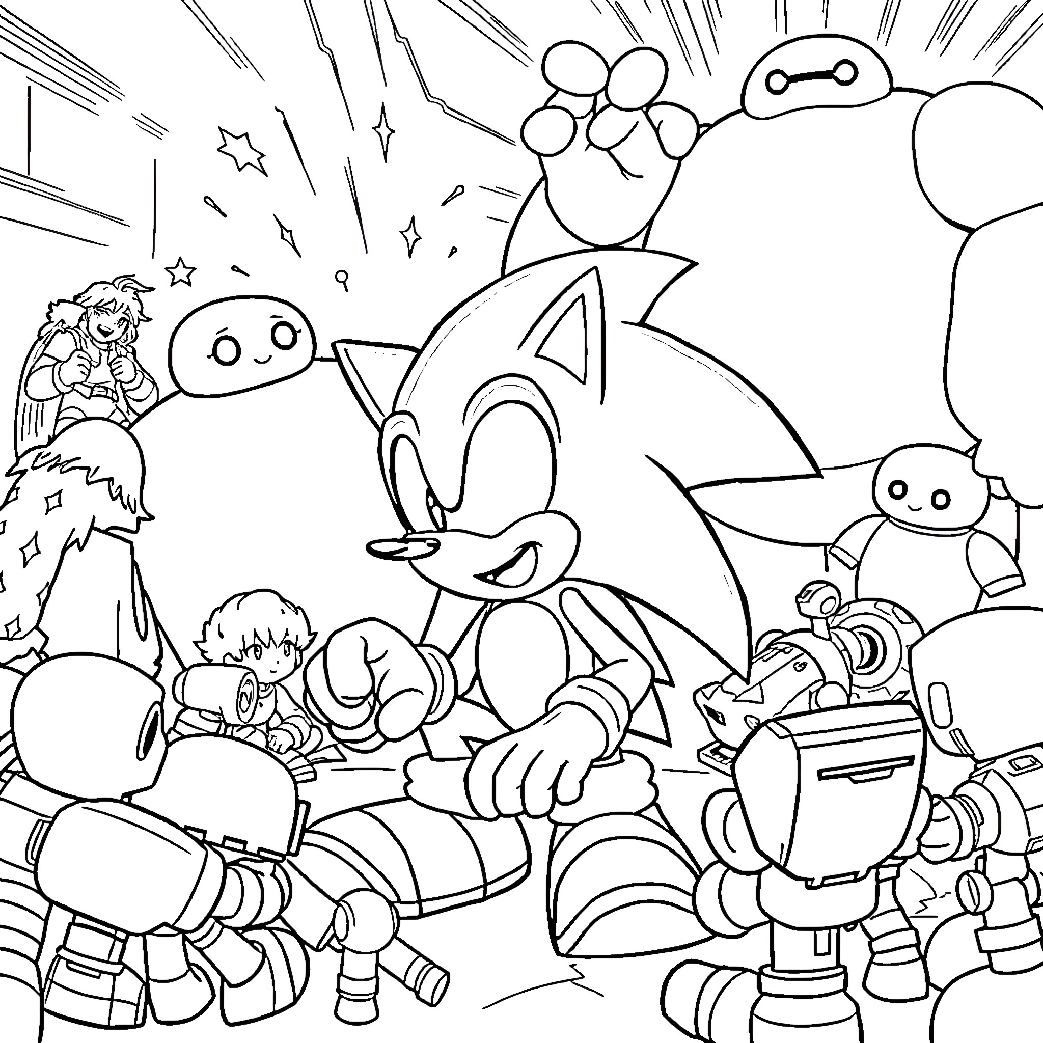 Sonic's Energetic Adventure with Quirky Characters Coloring Page (free black-and-white line drawing printable PDF for all, from beginners to advanced learners, including children, teens, adults, and seniors)