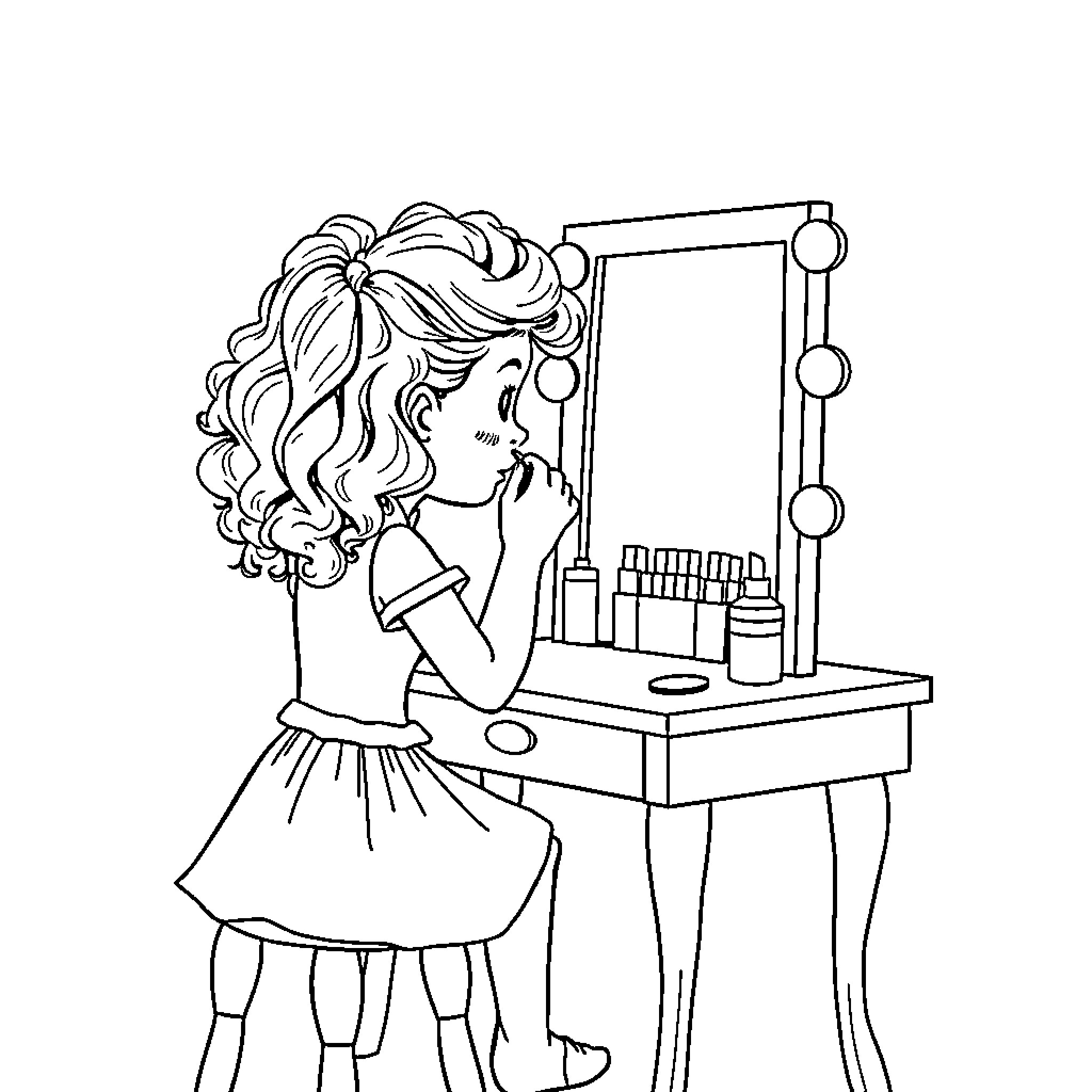 Girl applying makeup in front of mirror Coloring Page (free black-and-white line drawing printable PDF for all, from beginners to advanced learners, including children, teens, adults, and seniors)