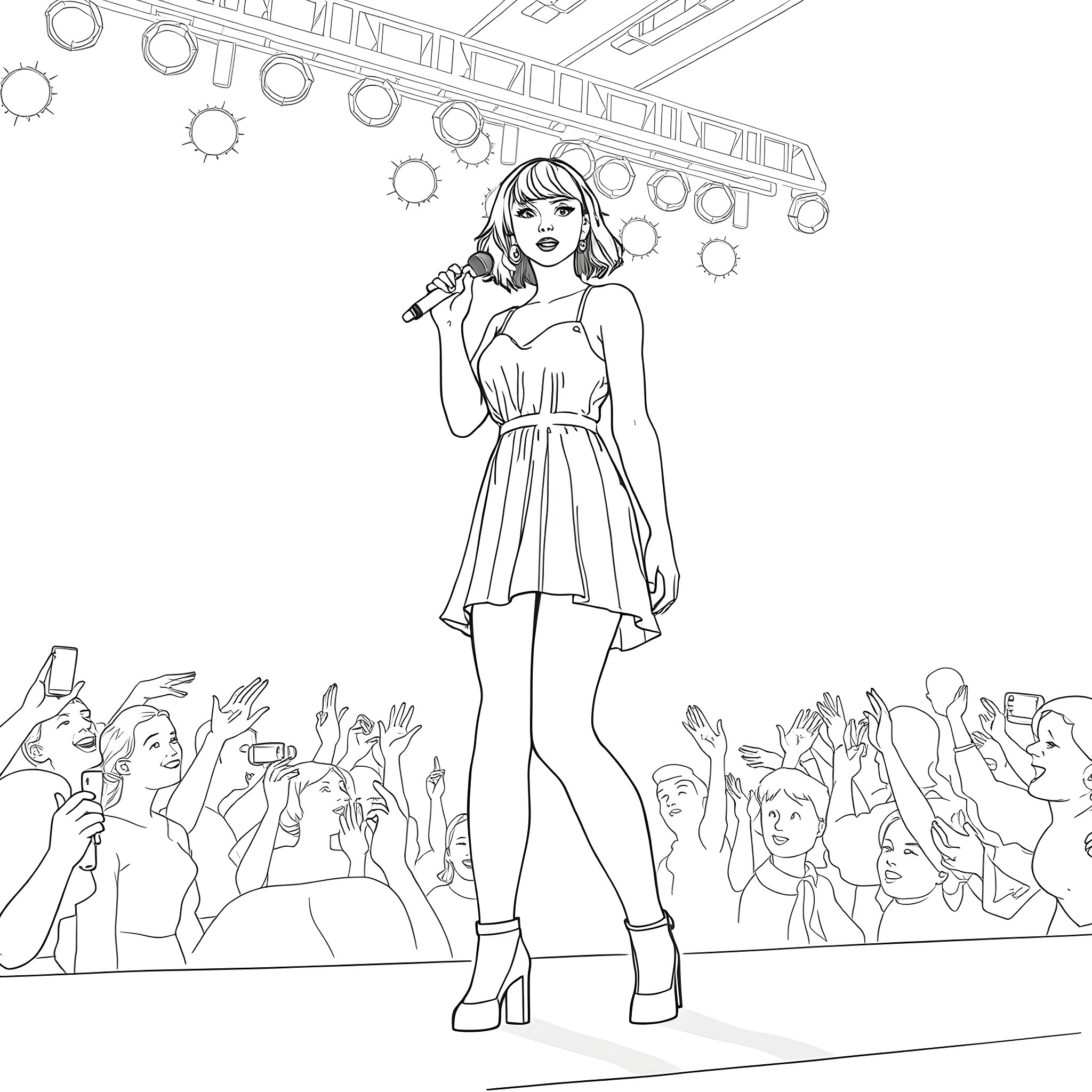 Taylor Swift performing on stage with adoring fans Coloring Page (free black-and-white line drawing printable PDF for all, from beginners to advanced learners, including children, teens, adults, and seniors)