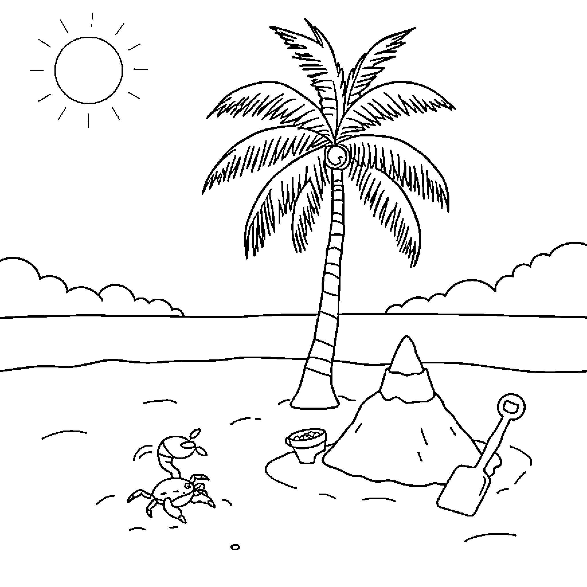Beach scene with palm tree and beach toys Coloring Page (free black-and-white line drawing printable PDF for all, from beginners to advanced learners, including children, teens, adults, and seniors)