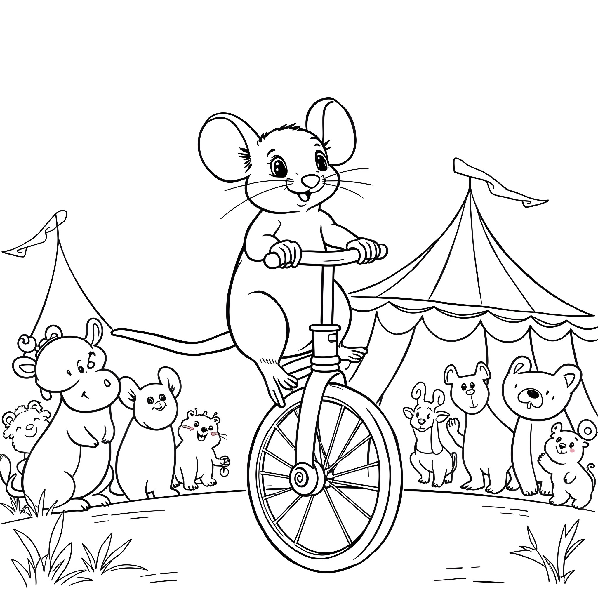 Mouse circus performer riding unicycle with animal friends Coloring Page (free black-and-white line drawing printable PDF for all, from beginners to advanced learners, including children, teens, adults, and seniors)