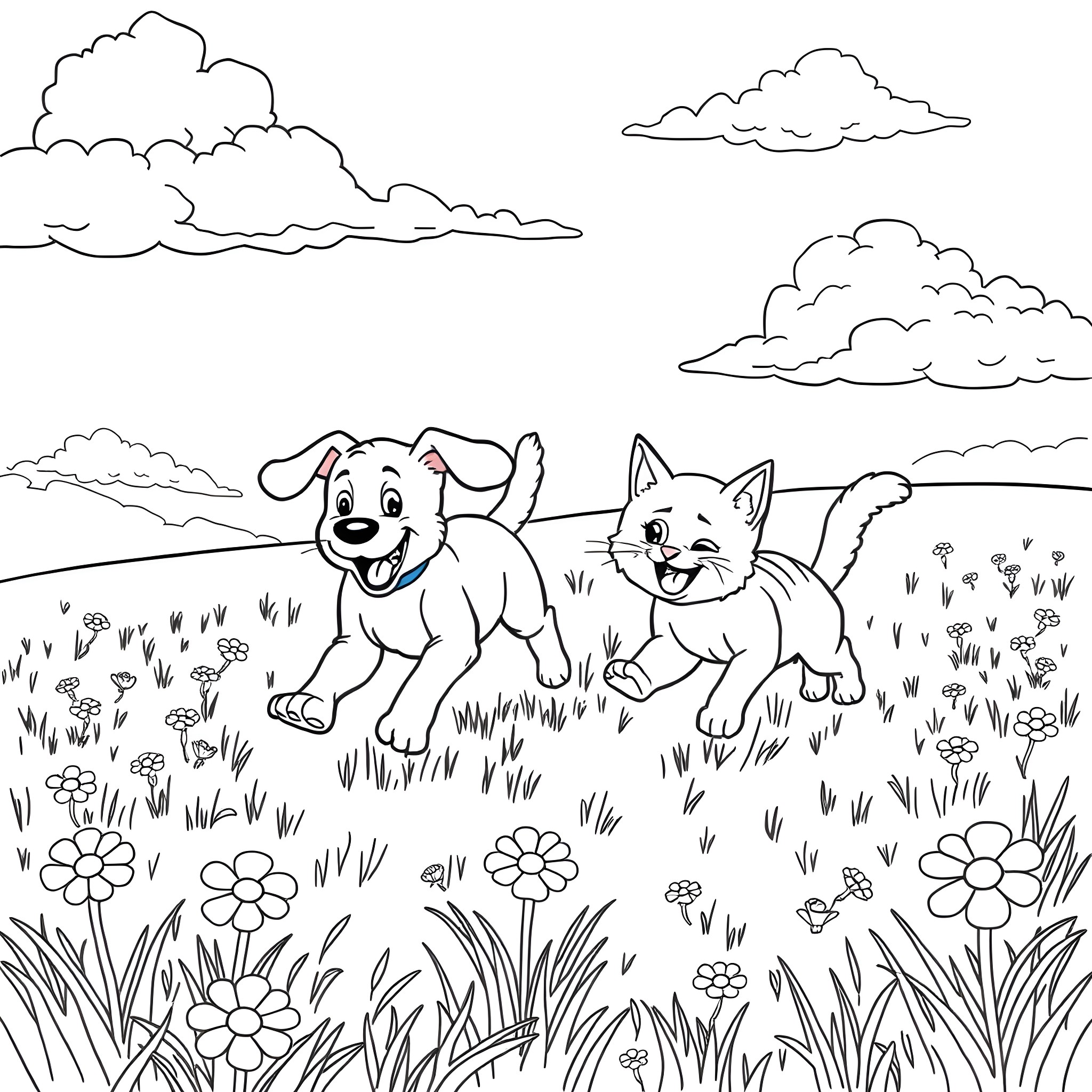 Dog and cat playing together in the field Coloring Page (free black-and-white line drawing printable PDF for all, from beginners to advanced learners, including children, teens, adults, and seniors)