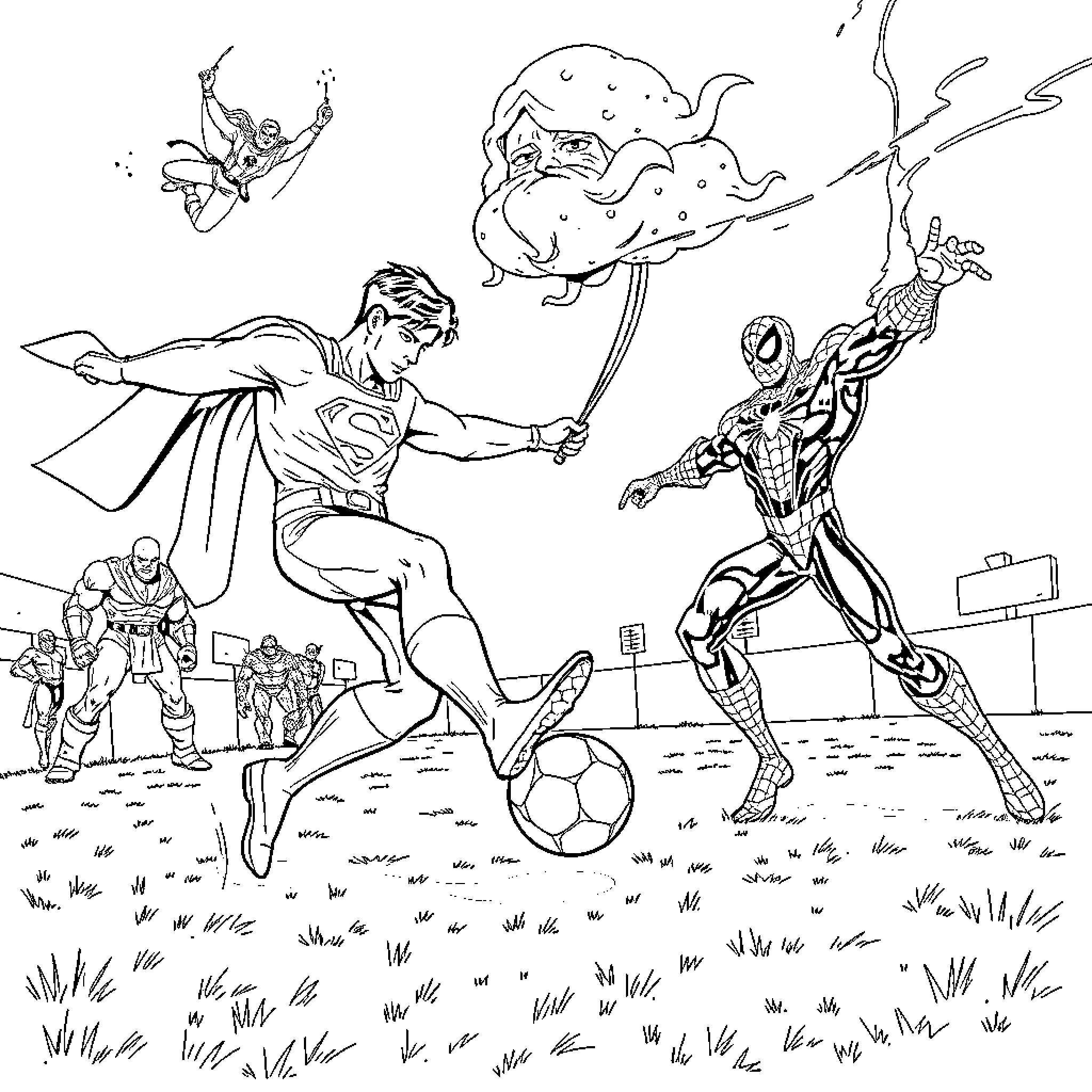Superman battles foes in action-packed scene Coloring Page (free black-and-white line drawing printable PDF for all, from beginners to advanced learners, including children, teens, adults, and seniors)