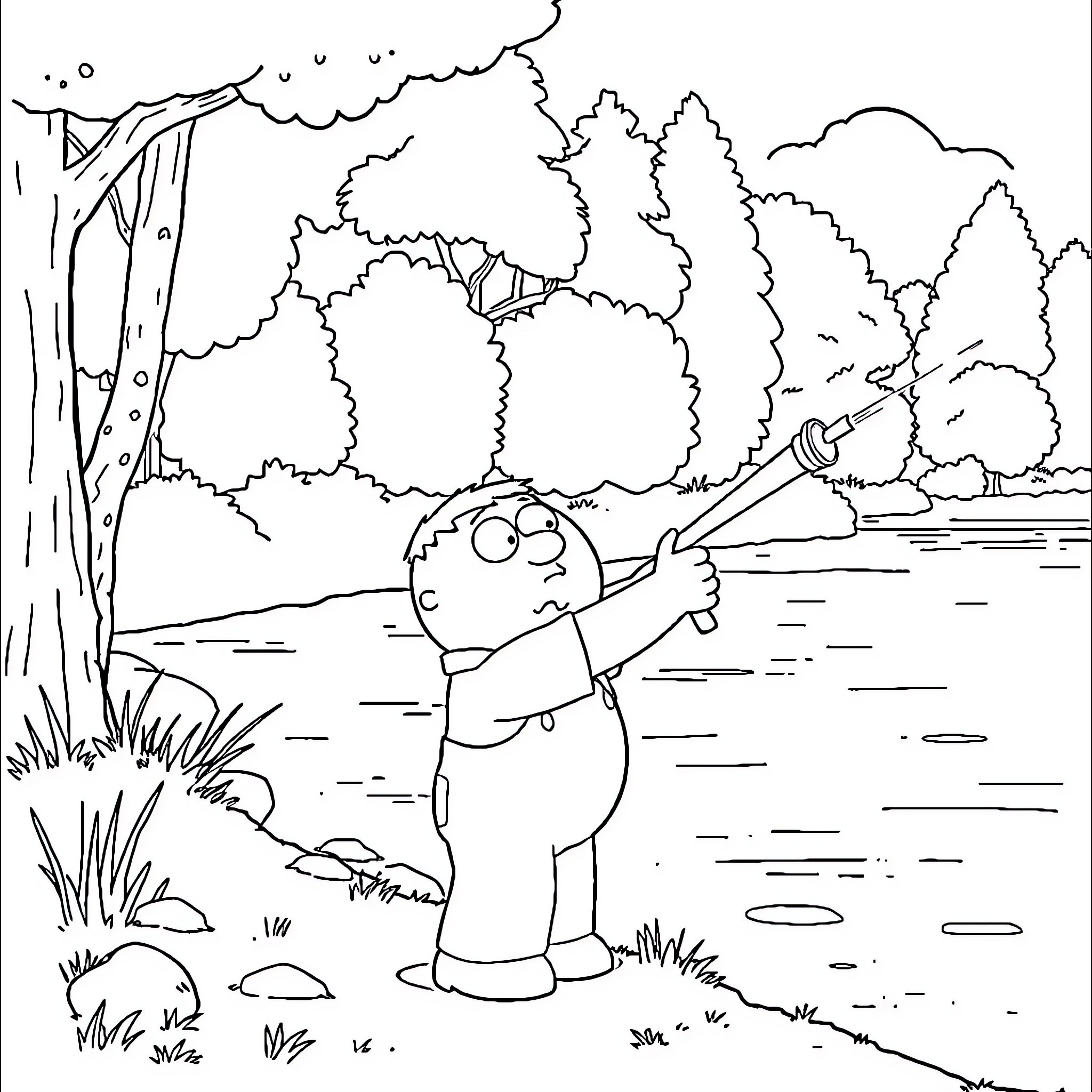 Stewie exploring the forest landscape Coloring Page (free black-and-white line drawing printable PDF for all, from beginners to advanced learners, including children, teens, adults, and seniors)