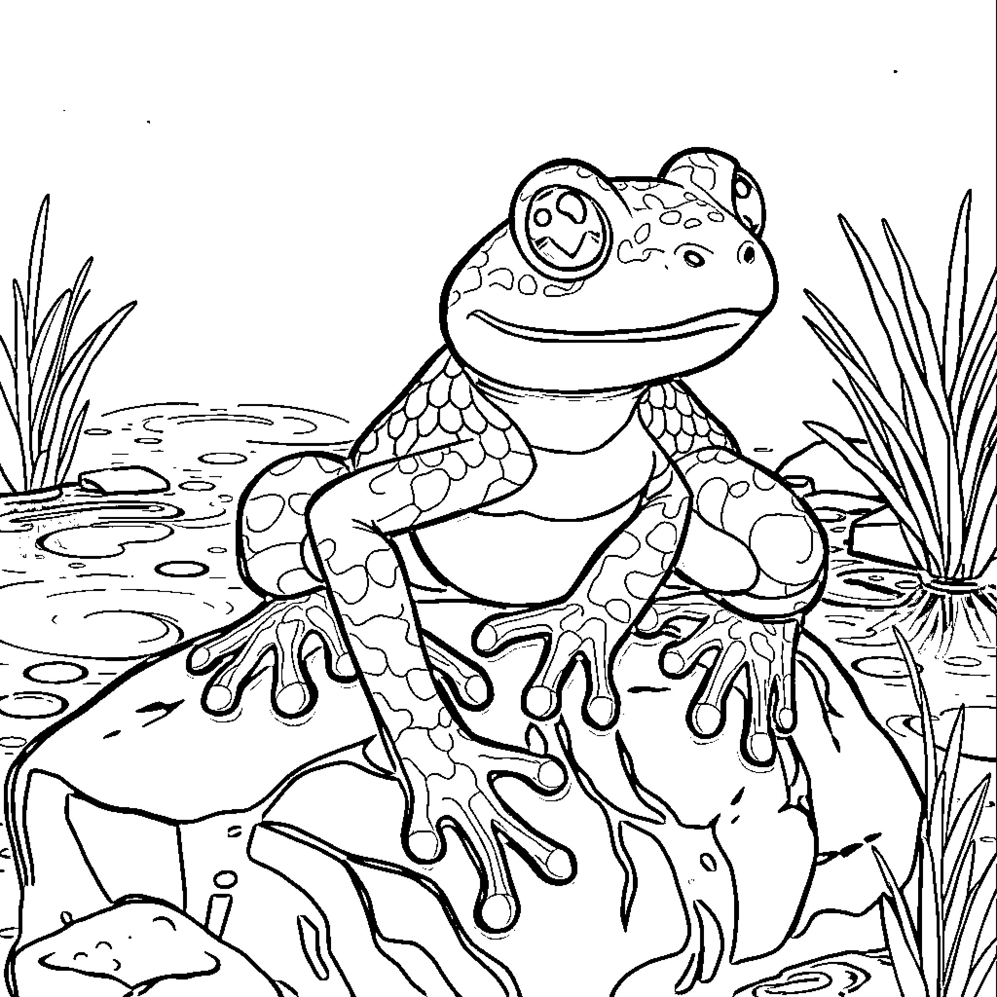 Frog Dragon exploring the pond Coloring Page (free black-and-white line drawing printable PDF for all, from beginners to advanced learners, including children, teens, adults, and seniors)